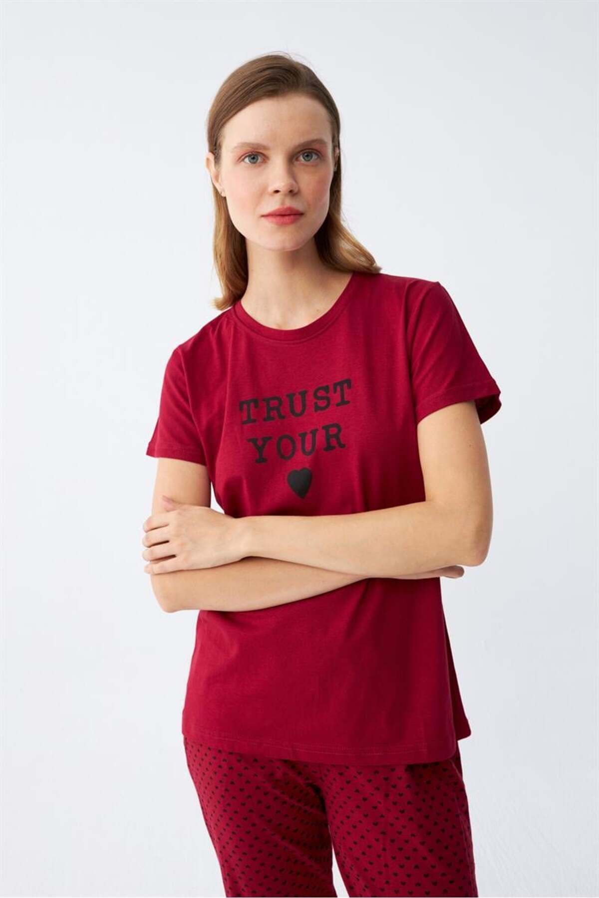modaserdem Mdsrdm Kadın Bordo Kalp Desenli Kısa Kollu Penye Pijama Takımı