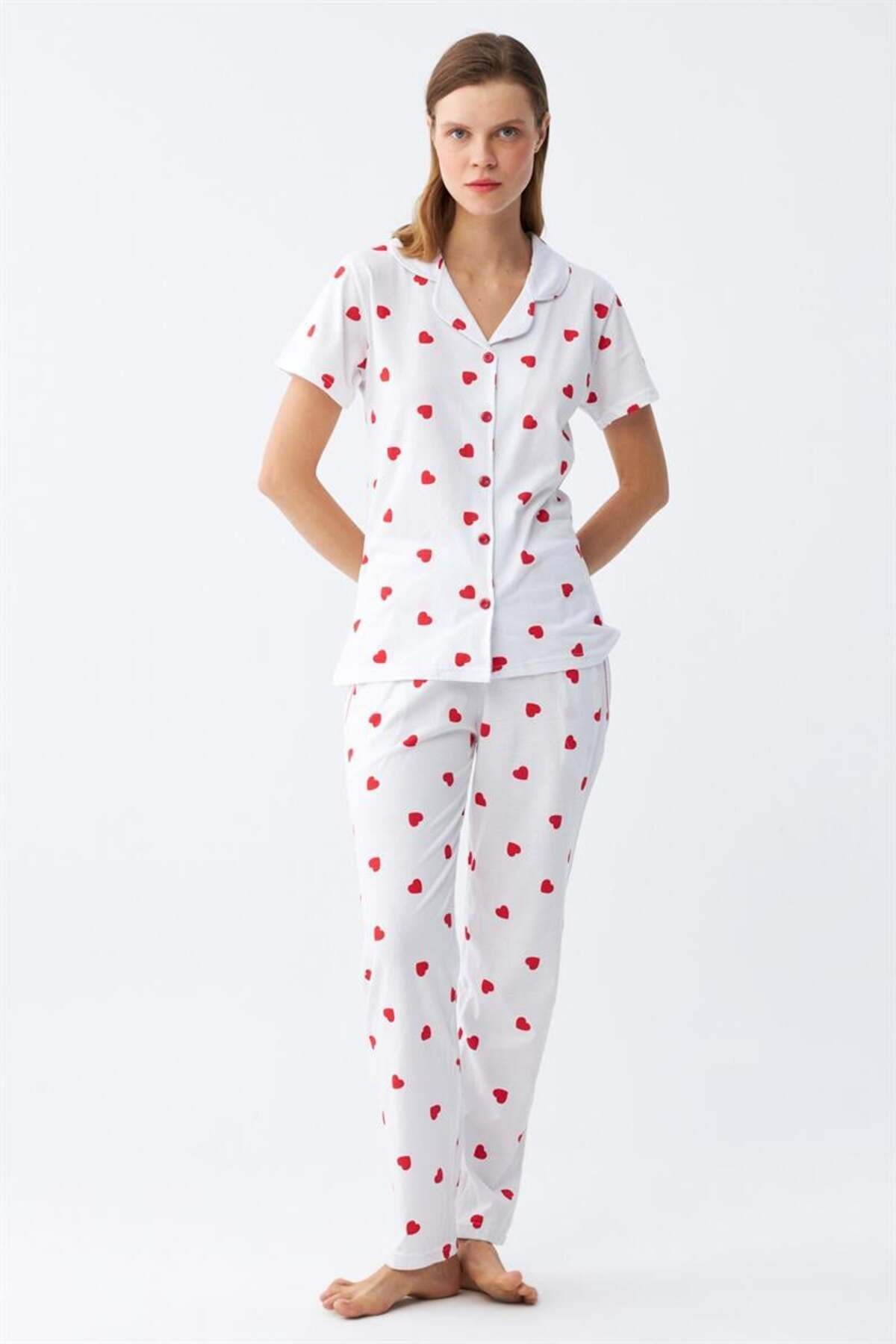 modaserdem Mdsrdm Kadın Beyaz Kırmızı Kalpli Önden Düğmeli Pijama Takımı