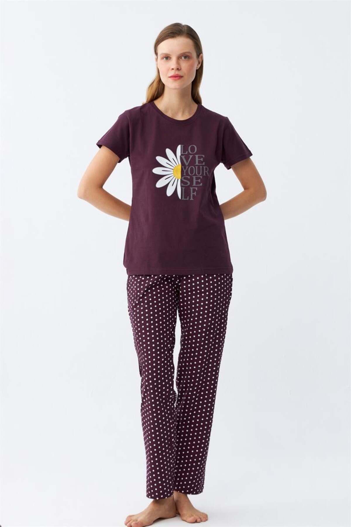 modaserdem Mdsrdm Kadın Mürdüm Papatya Baskılı Kısa Kollu Penye Pijama Takımı