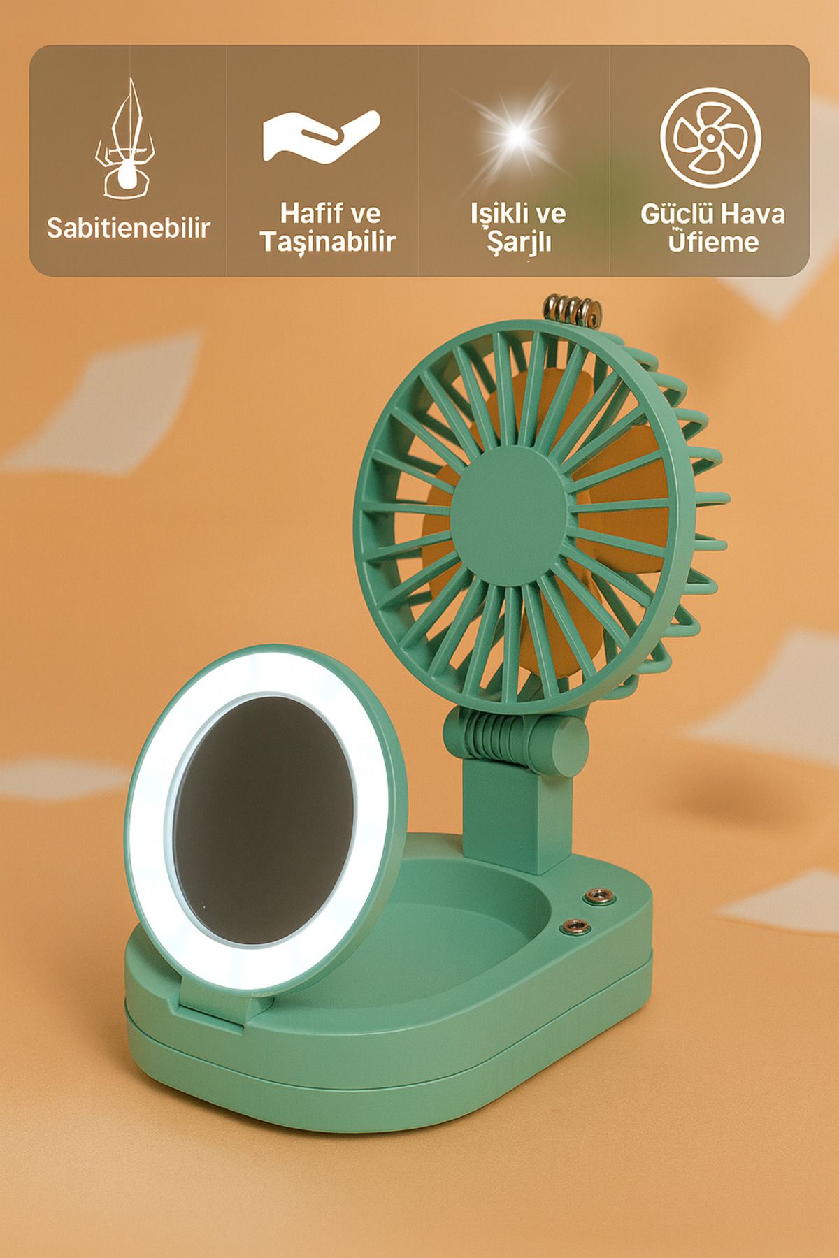 BEYZANA Taşınabilir Işıklı Makyaj Aynalı Mini Vantilatör Fan 3 Kademeli Turbo Üfleme Serin Makyaj Deneyimi