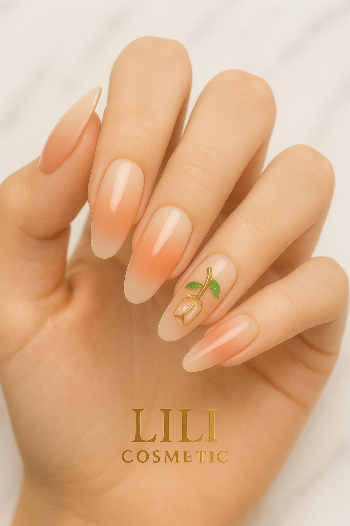Lili Cosmetic Lüx Taşlı 5D Lale Motifli Badem Takma Tırnak Kendindan Yapışkanlı 12li