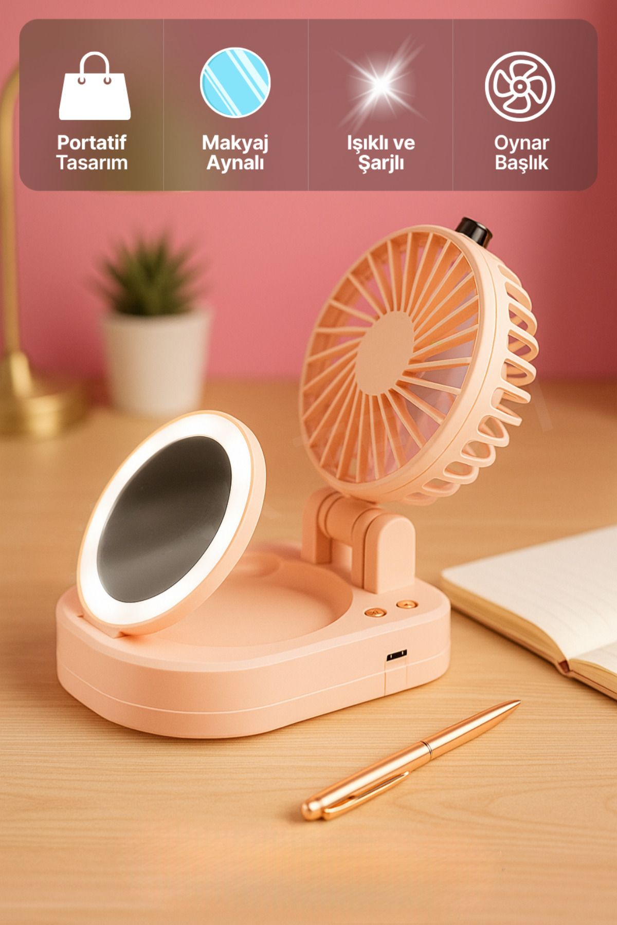 BEYZANA Taşınabilir Işıklı Makyaj Aynalı Mini Vantilatör Fan 3 Kademeli Turbo Üfleme Serin Makyaj Deneyimi