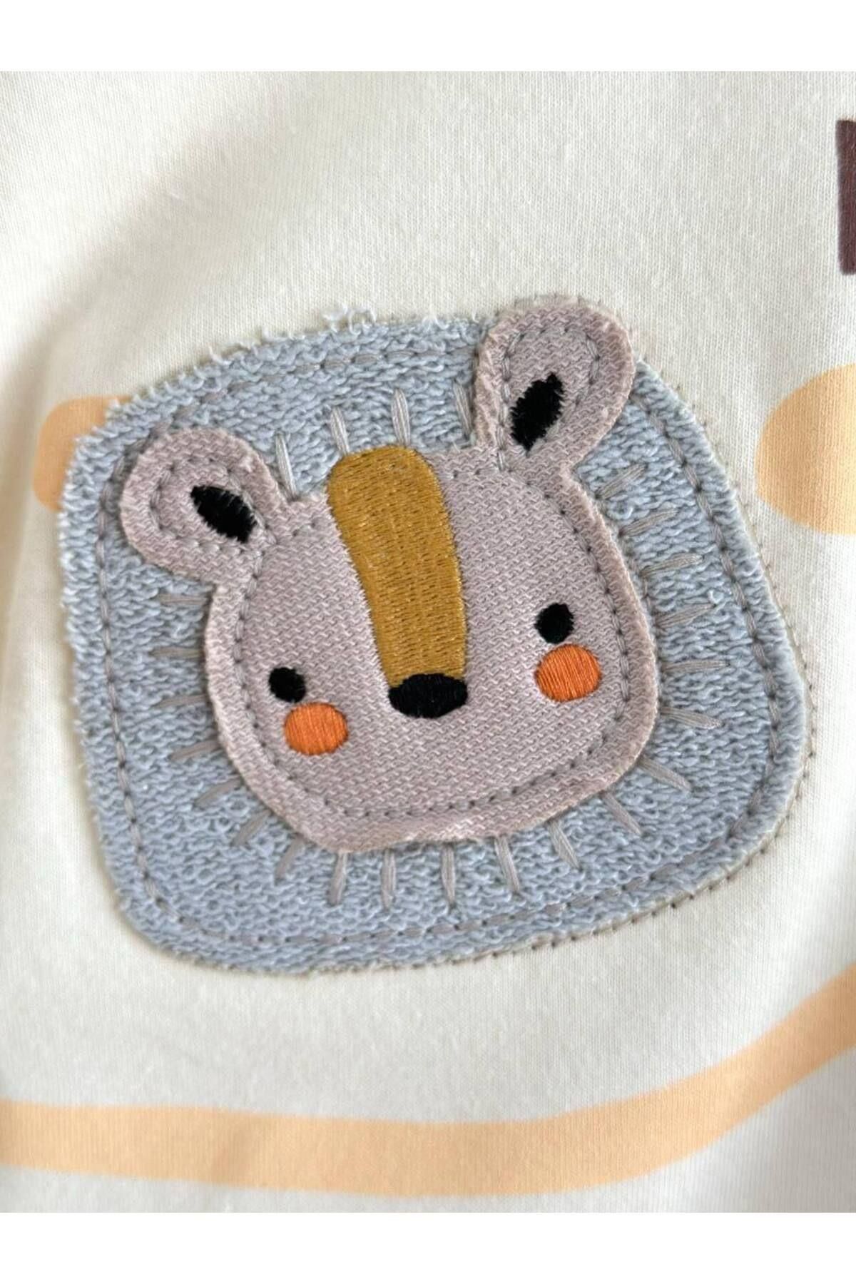 MİO-Boy's Cotton Ecru Orange Safari Friends Suit - Orange with 3D Lion and Tiger Applique 3
