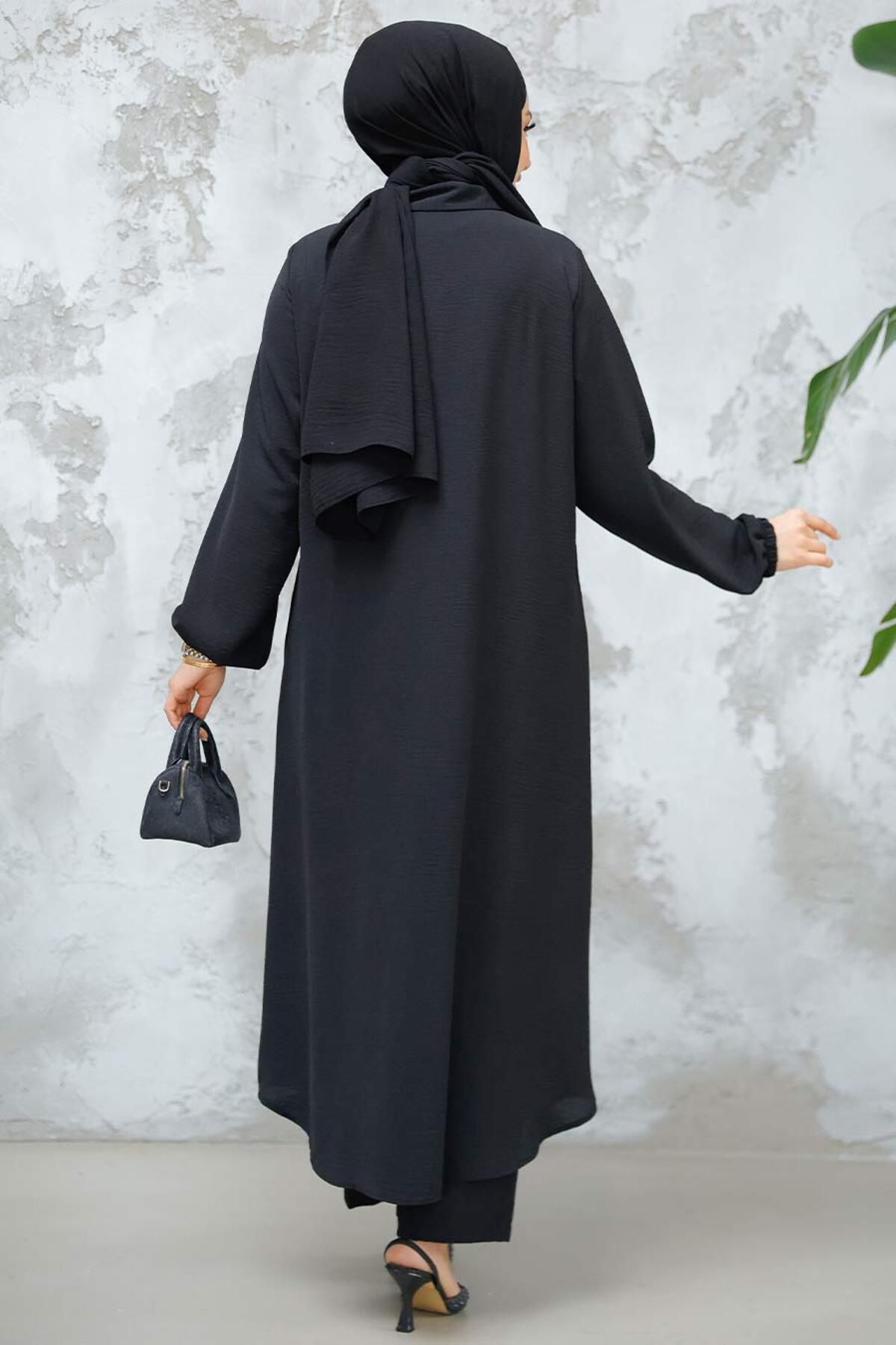 Neva Style-Black Hijab Double Set - with Buttons 10891S 5