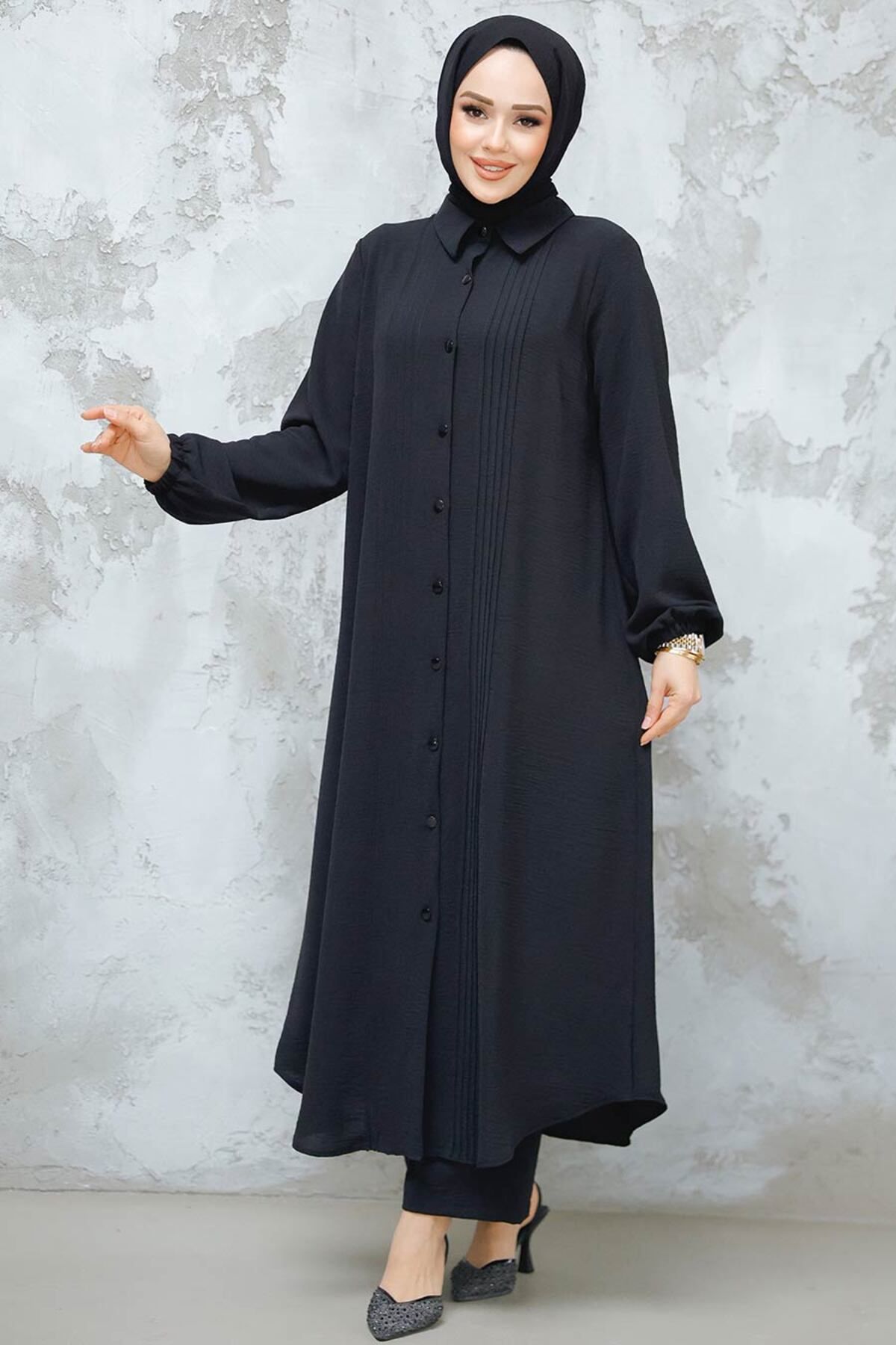 Neva Style-Black Hijab Double Set - with Buttons 10891S 1