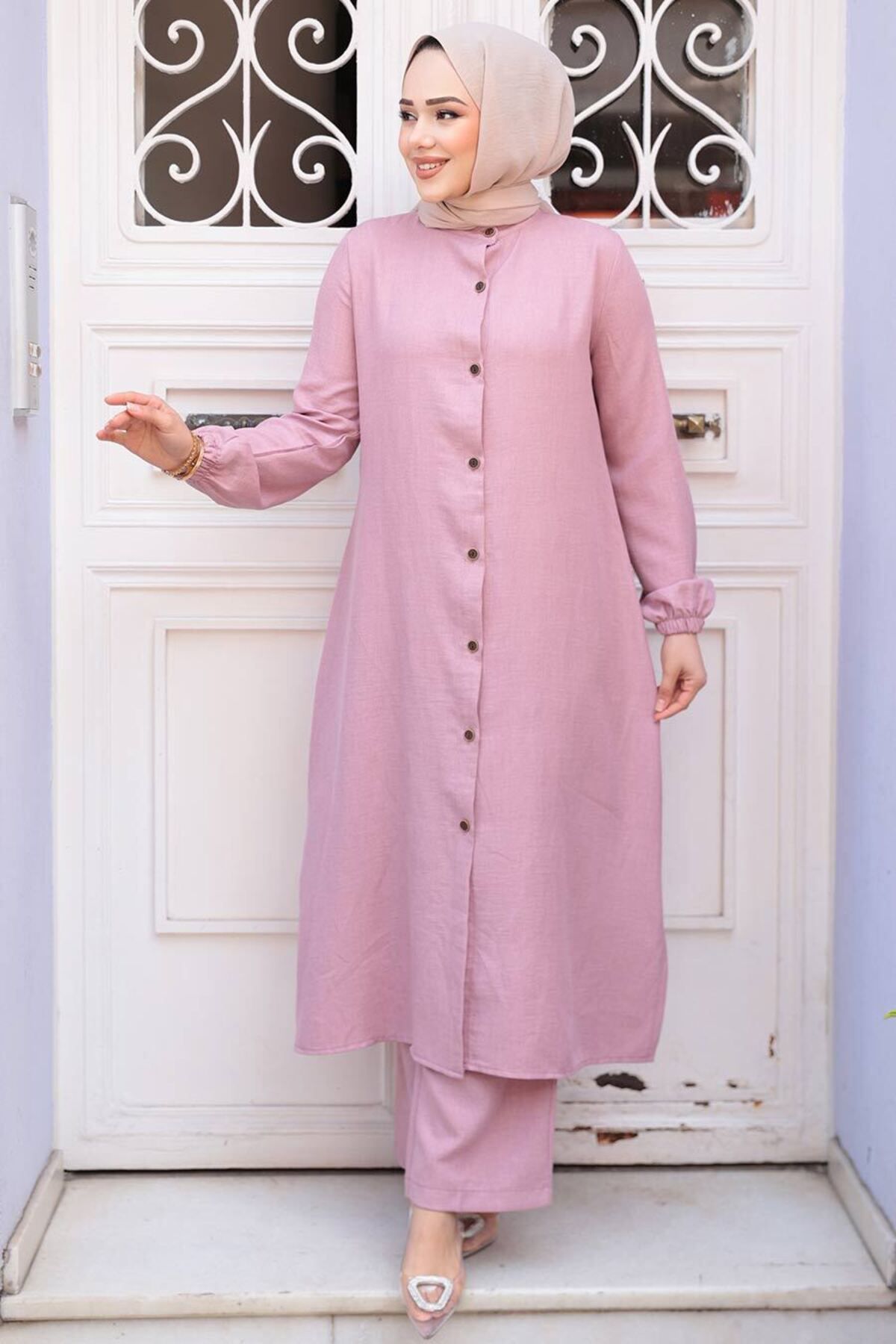 N.S NEVA STYLE-Dusty Rose Hijab Double Set with Buttons 19017Gk 1