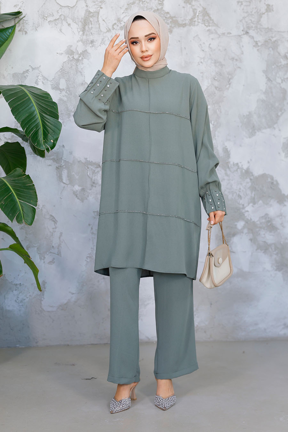 Neva Style-Pearl Embroidered Green Hijab Double Suit 65883Cy 1