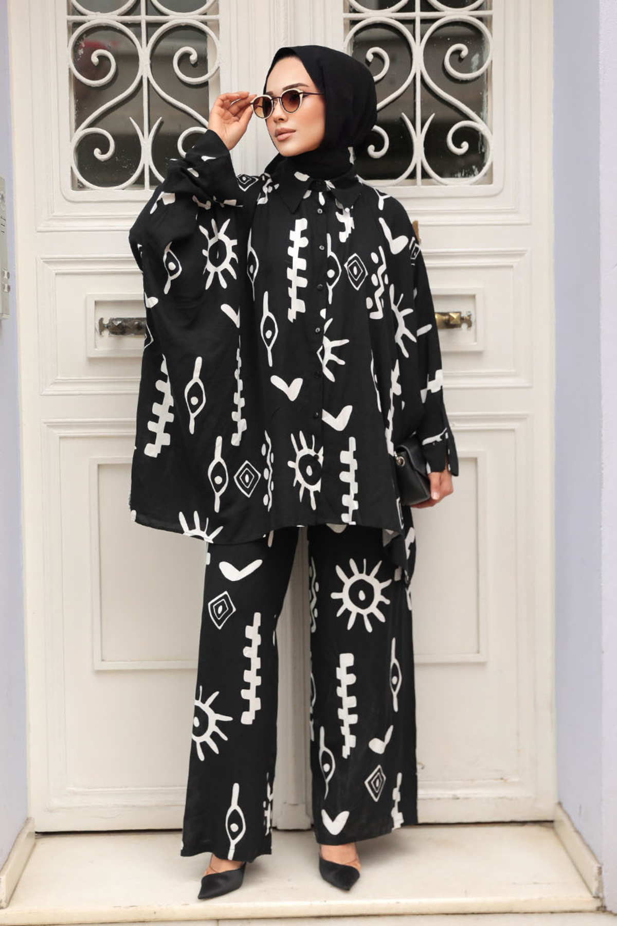 Neva Style-Black Patterned Hijab Double Set - 12294S 2