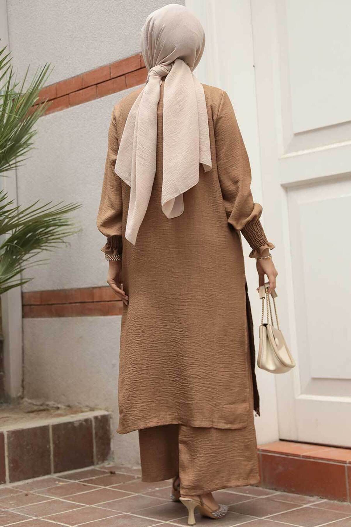 Neva Style-Tan and Hijab Double Button Set - 12591Tb 4