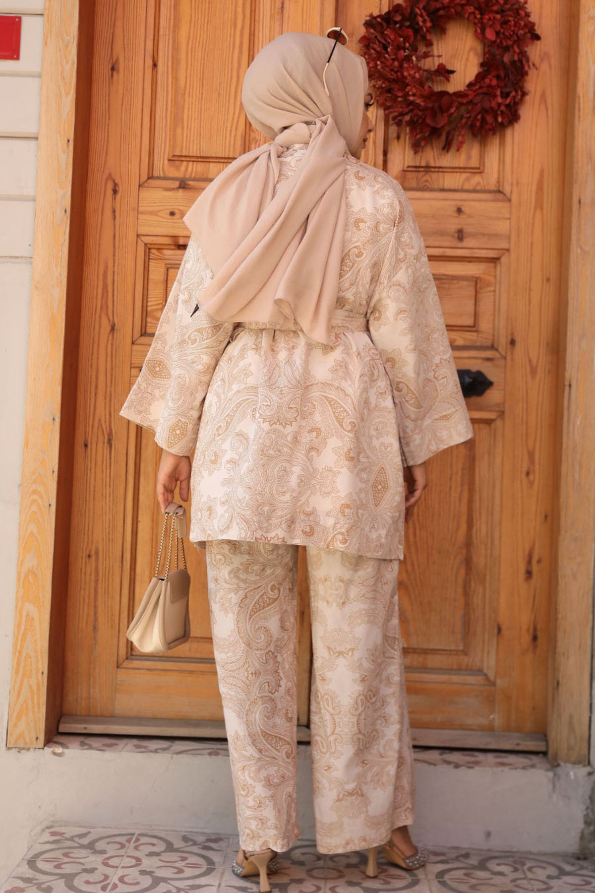 Neva Style-Camel Patterned Hijab Kimono Set - 12122c 4