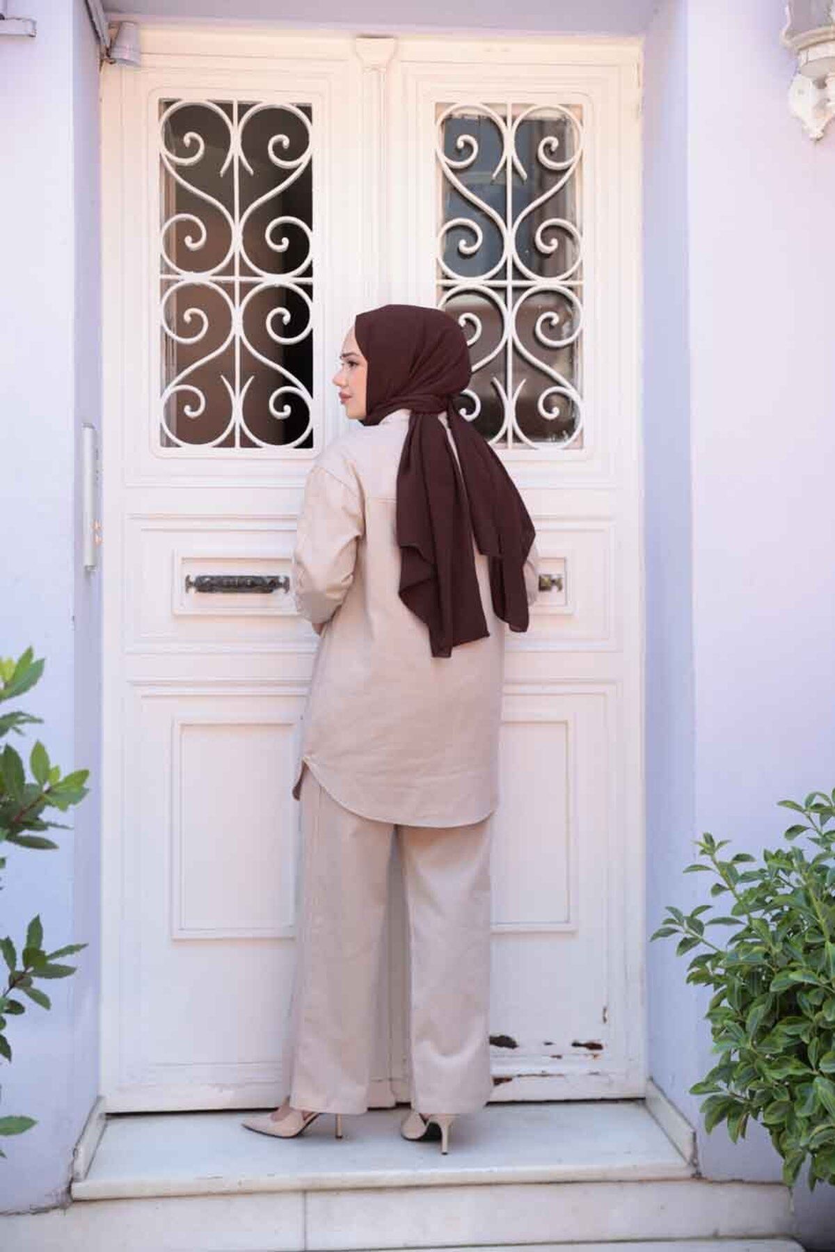 N.S NEVA STYLE-Buttoned Beige Hijab Double Set 14272Bej 4