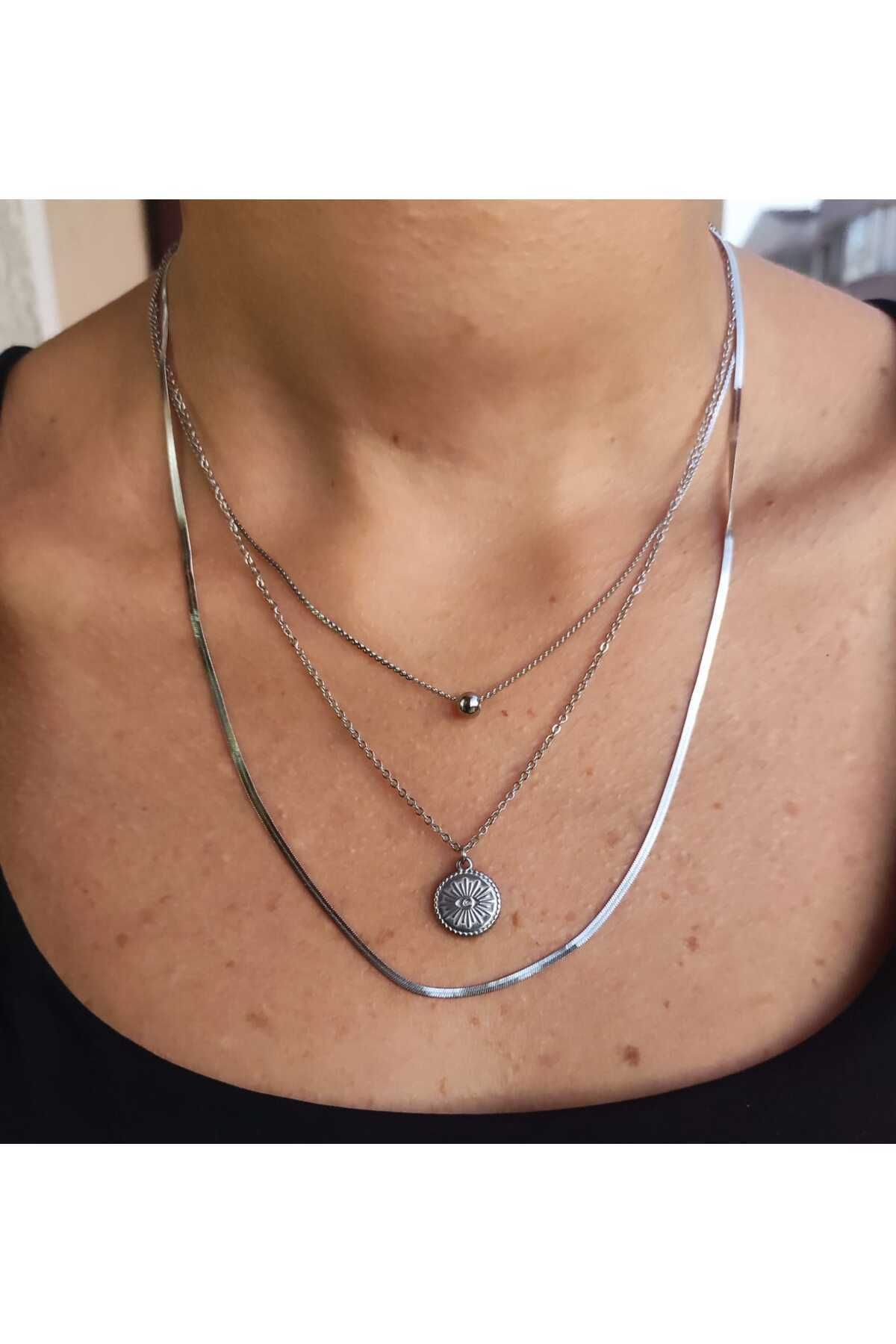 MoS JEWELLERY Paslanmaz Çelik Gümüş Renk Madalyon Figürlü İtalyan Zincir Detaylı Üçlü Kolye