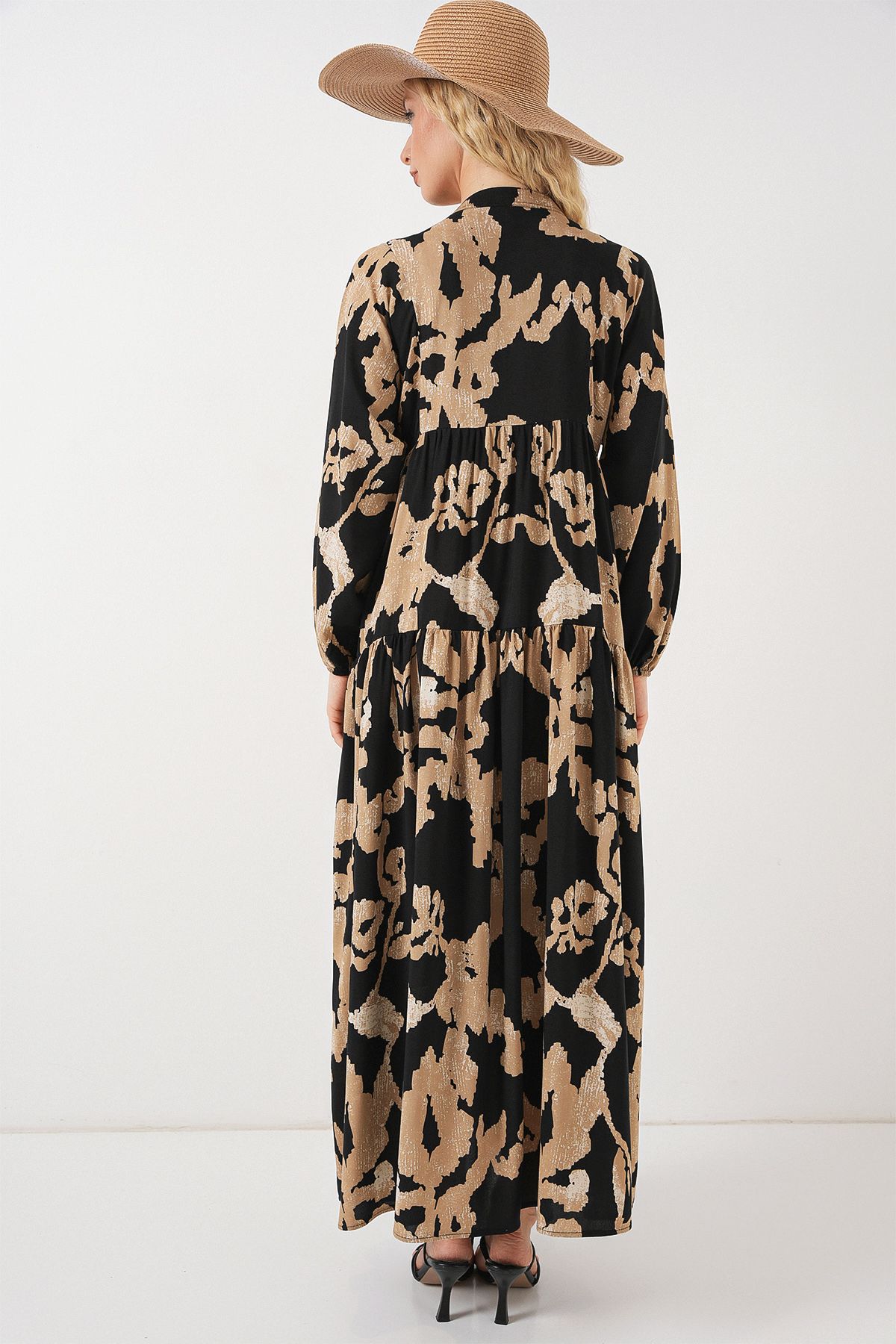 Bigdart-2423 Model Authentic Patterned Beige Dress 6