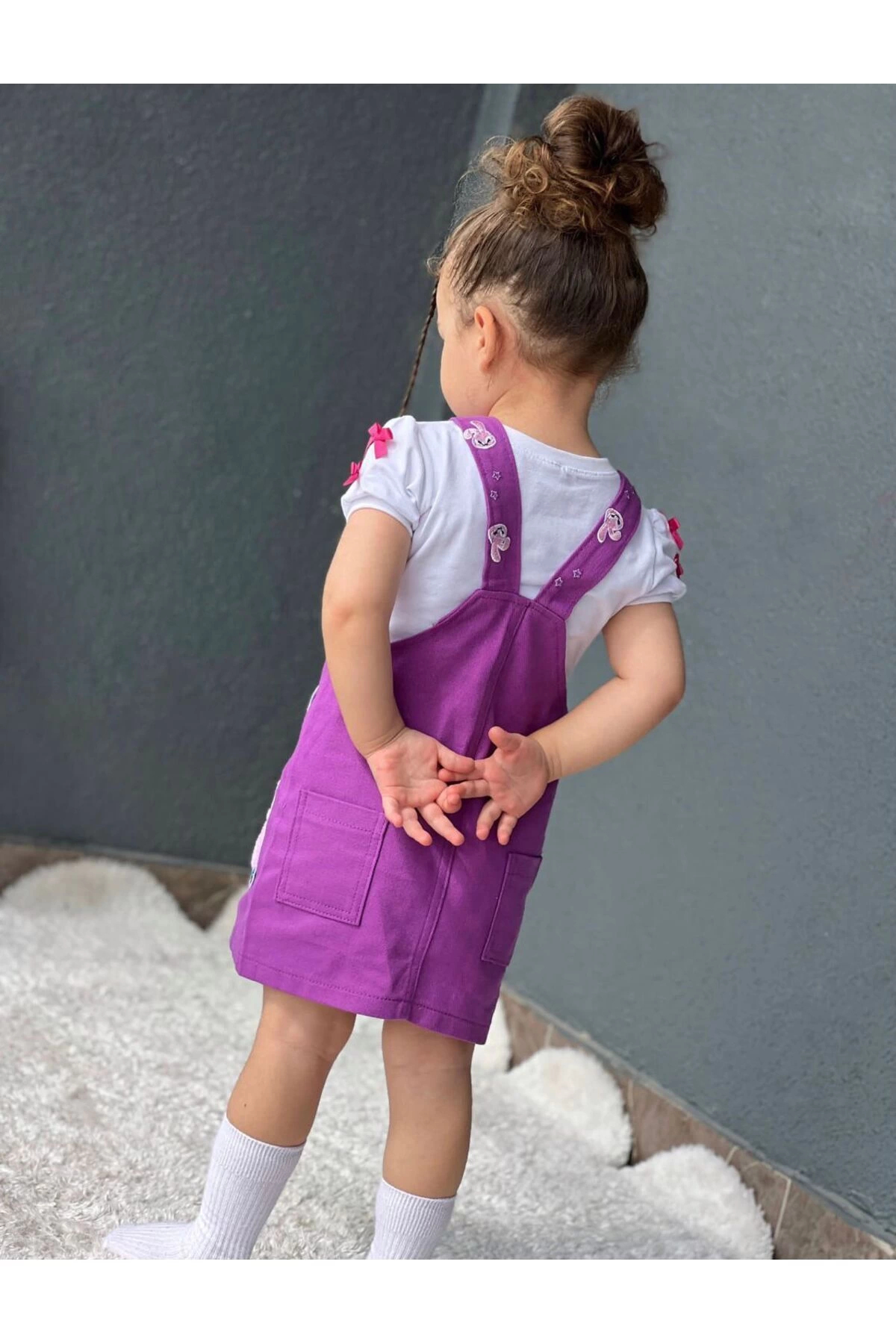 DUDOR KİDS Kız Çocuk Mor Jile Elbise Ve Beyaz T-shirt Takım-23 Nisan-bayramlık (Bir beden büyük tercih ediniz) fotoğrafı 3 (önizleme)