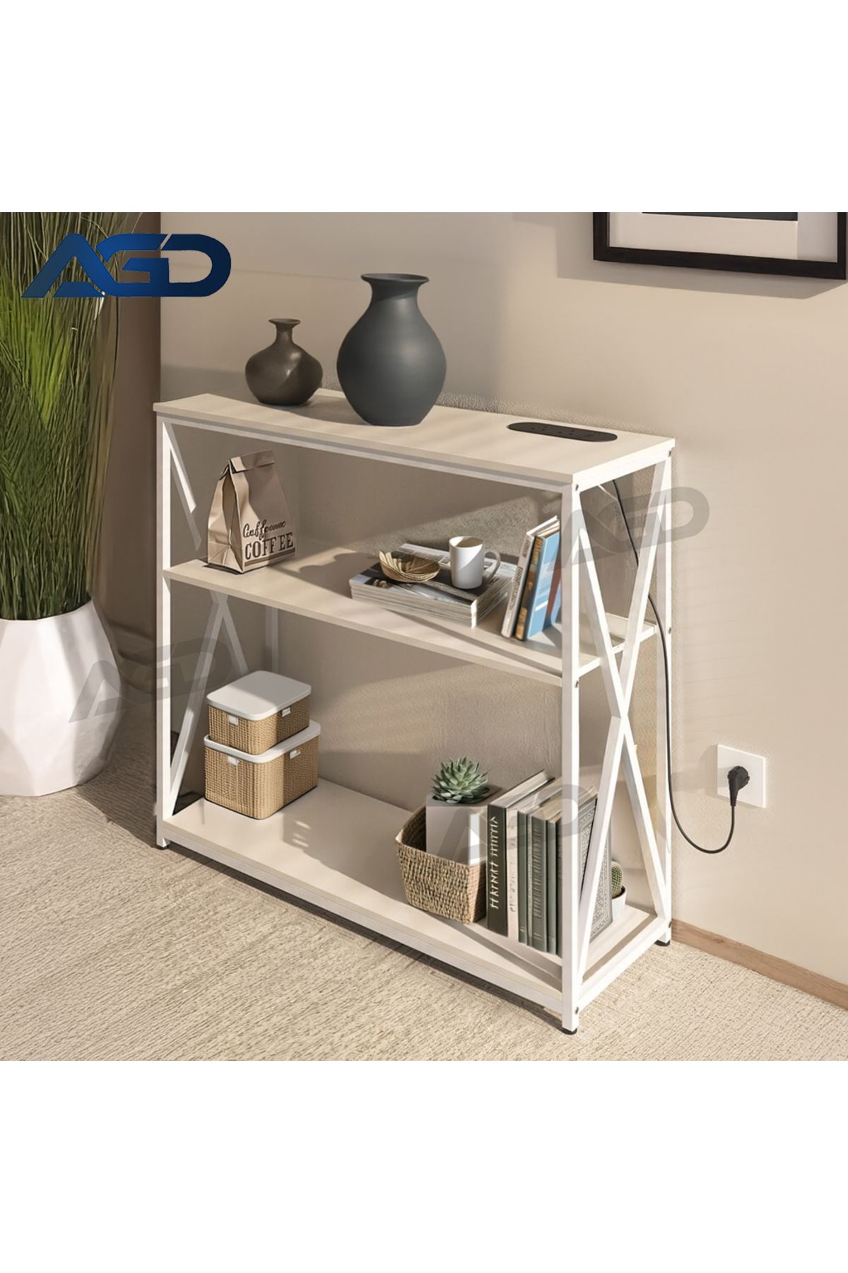 AGD-Adjustable 3-Tier Console Table with Charging Base and Storage Shelf, 100×35×90 cm, White 4