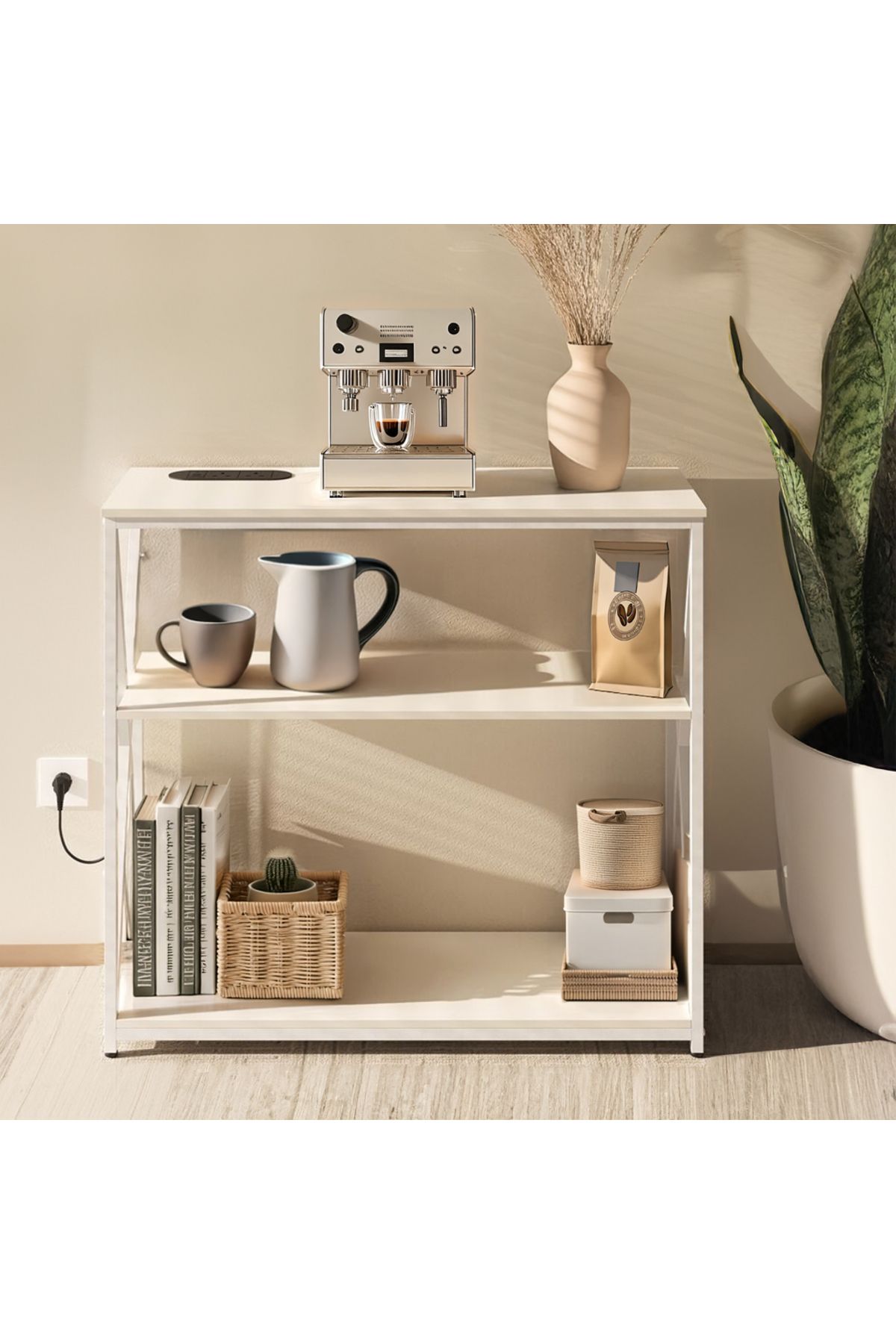 AGD-Adjustable 3-Tier Console Table with Charging Base and Storage Shelf, 100×35×90 cm, White 1