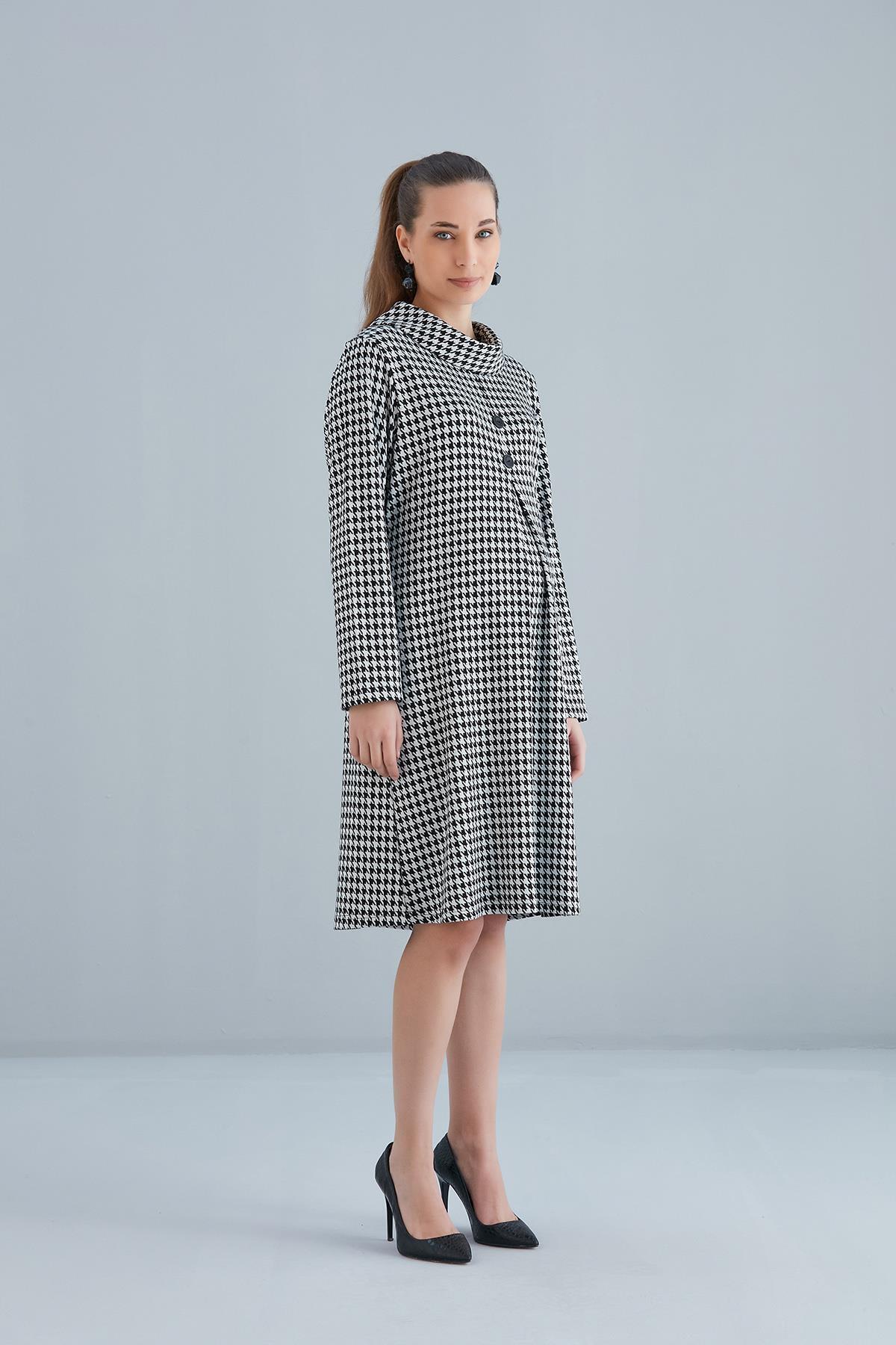 Işşıl-IŞIL 4536-Degaje Buttoned Collar Houndstooth Maternity Tunic-Dress 1