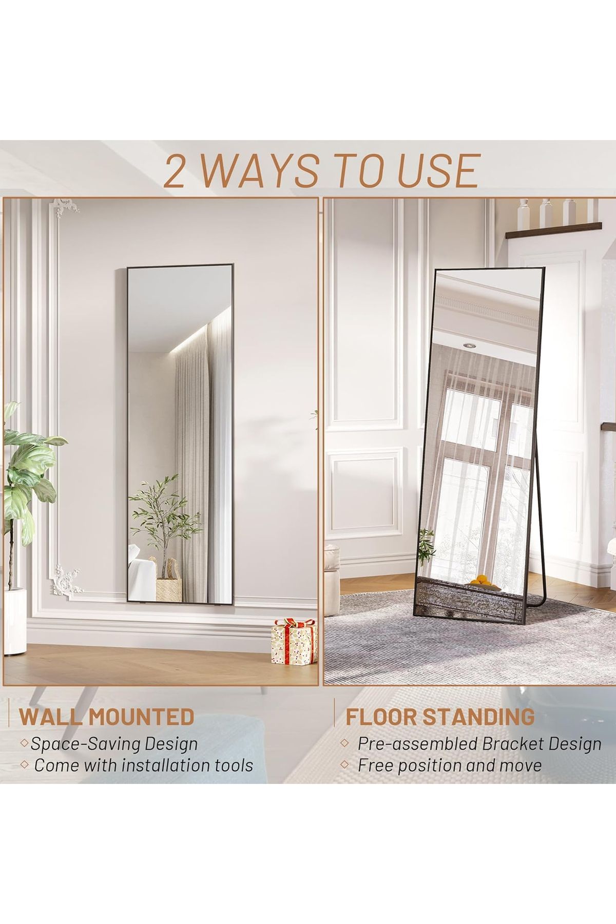 Taimi-Large Mirror With Elegant Design Shatter-resistant 160x50cm-with Black Metal Frame And Back Stand 5
