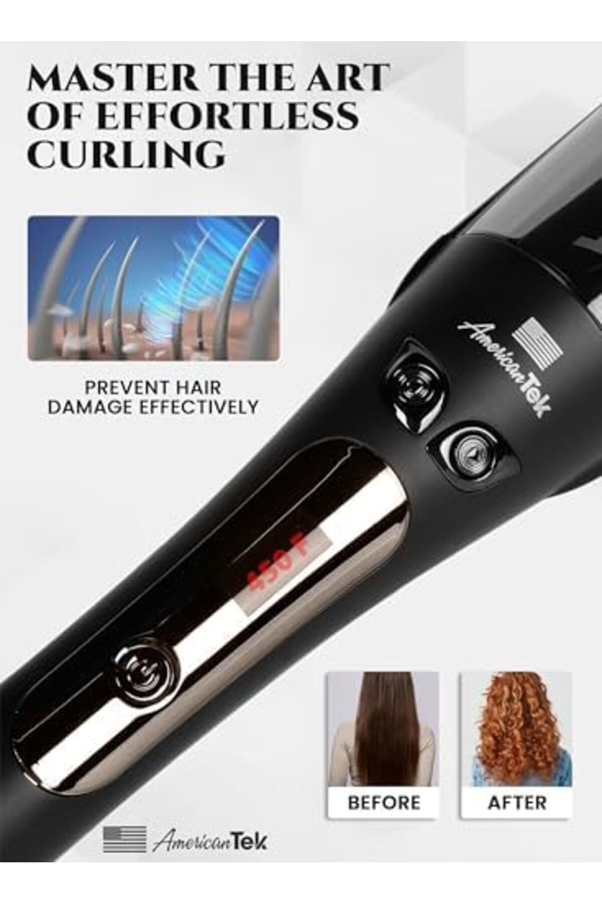 American Tek-Automatic Curling Iron Wand - Auto Curler with 4 Temperatures & 3 Timers & LCD Display, 3