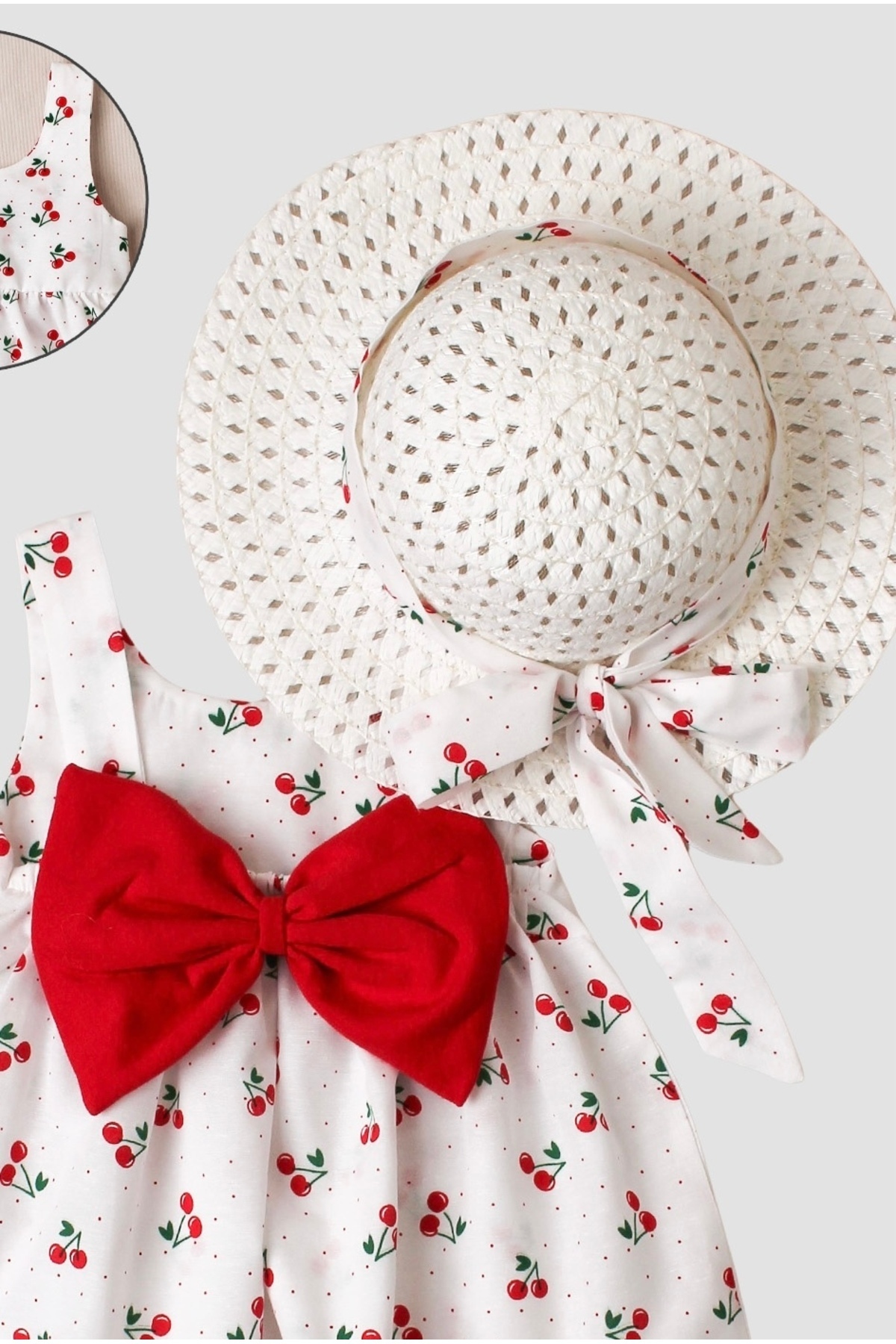 Chicsy Baby  Kiraz Desenli Şapkalı Fiyonklu Kız Bebek Elbisesi - Görsel 3