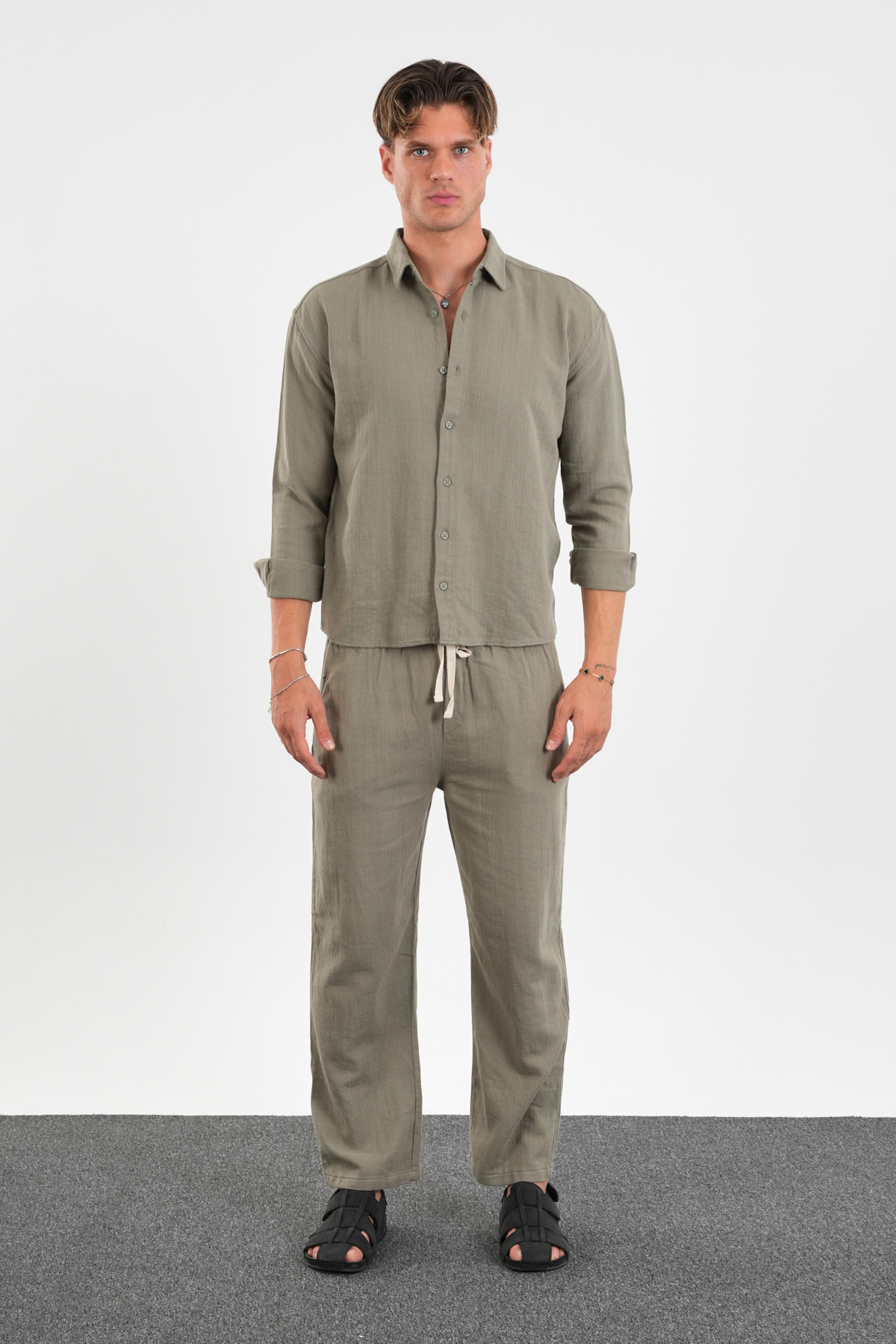 Flare Kışlık Baggy Pantolon Oversize Gömlek Alt üst Takım %100 Pamuk — 3