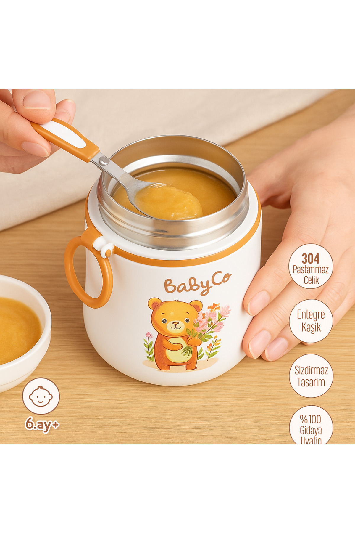BabyCo Sevimli Ayıcık Tasarımlı Bebek Yemek Termosu – Sızdırmaz, Kaşıklı, 530 ML (6 Ay+) fotoğrafı 2 (önizleme)