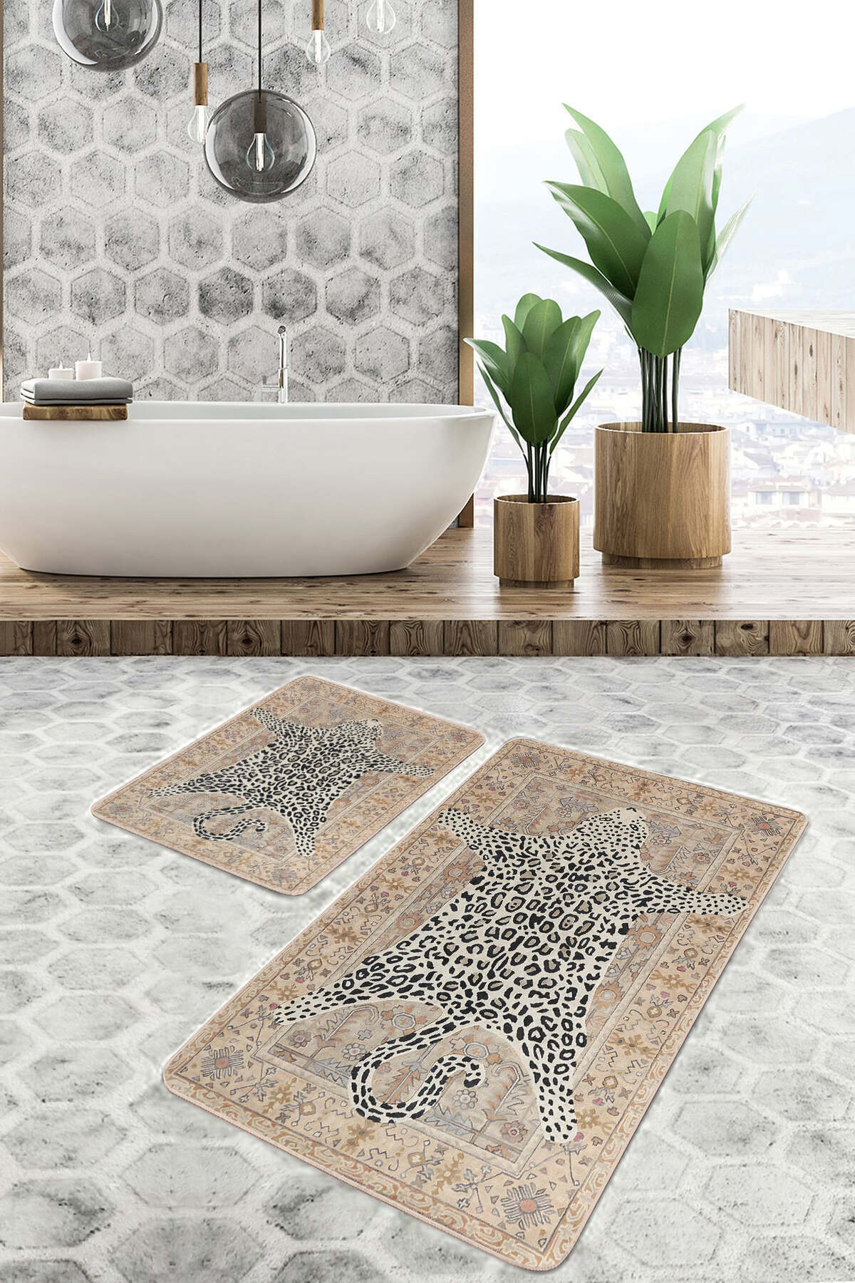 IdeCraft-Leopard Post Ethnic Patterned Beige Non-Slip Sole Washable 2-Piece Bath Mat Set 2