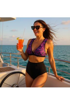 TooHot Kadın Fırfırlı Mor Leopar Yüksek Bel Bikini Takım