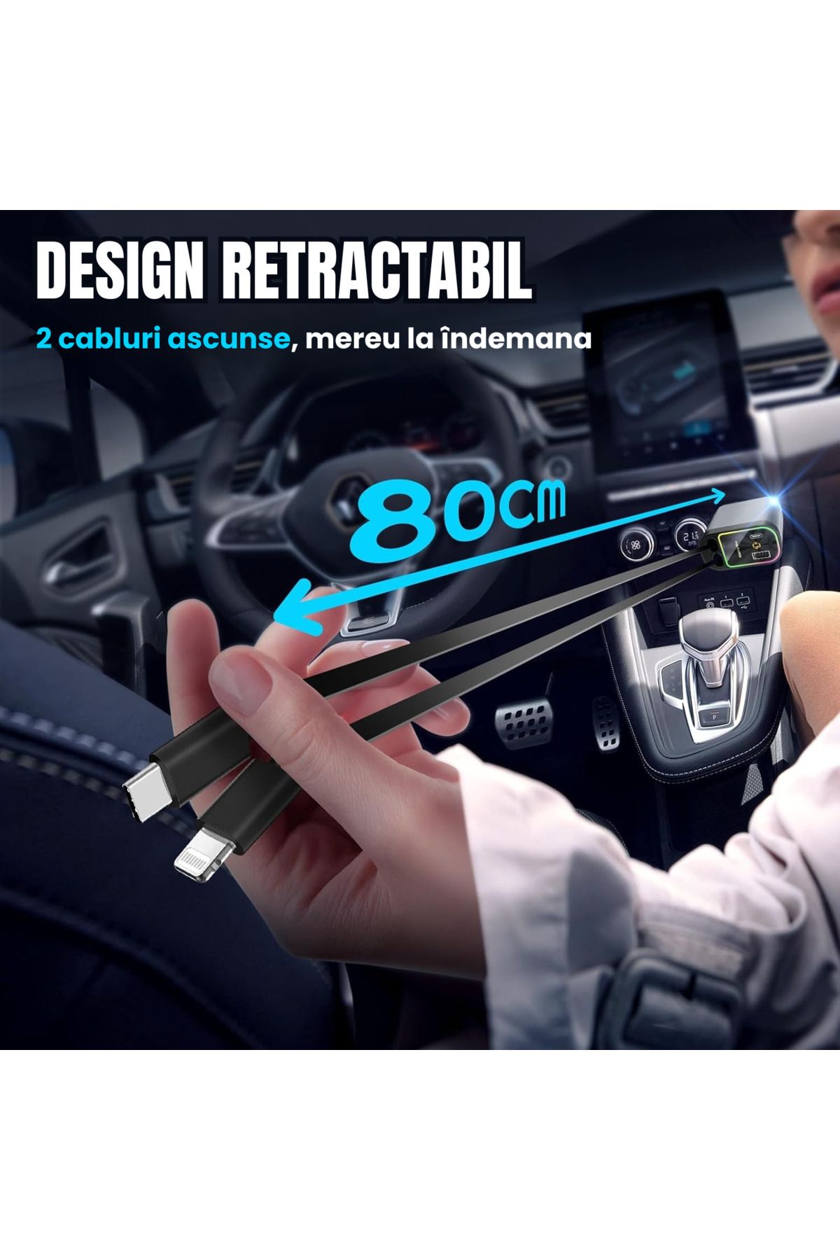 SellerRasov doar pregatiti-Incarcator Auto 4 In 1, 66w, Incarcare Rapida, Proiectie Led, Cabluri Type-c Si Lightning 5