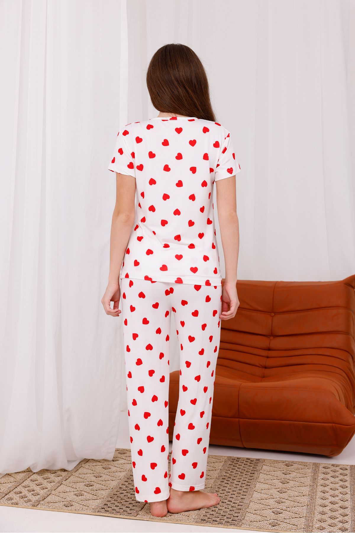 Arvin Pijama-Women's Heart Soft Textured Short Sleeve Knitted Pajamas Set 4
