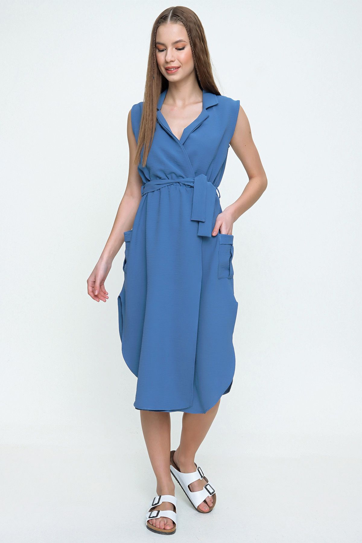 NEW LAVİVA-Jachetă Indigo pentru femei, cu decolteu dublu, rochie cu talie elastică - 700-2881 5