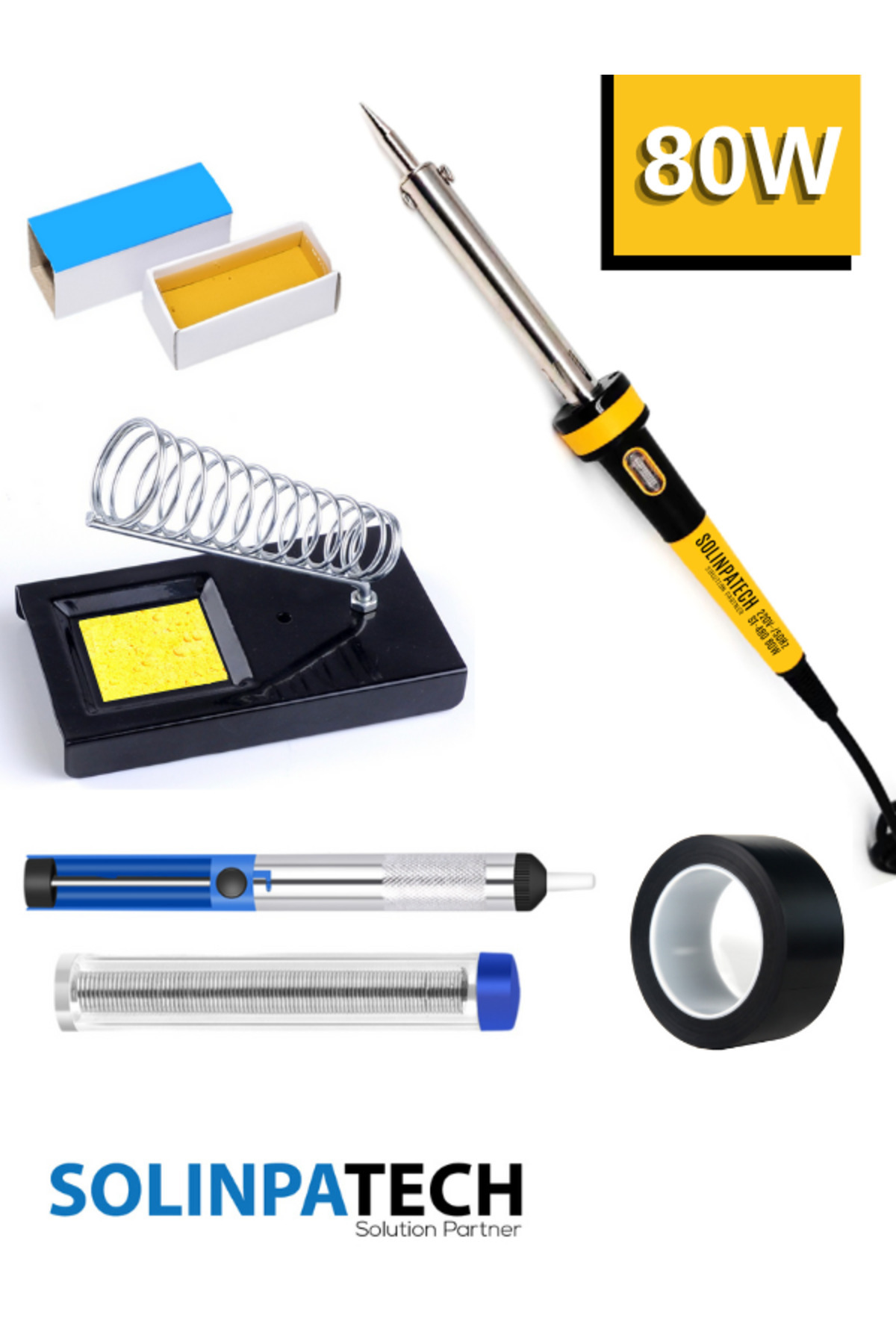 SolinpaTech 80w Profesyonel Yüksek Sıcaklığa Dayanıklı Resistörlü Kalem Havya Pasta Lehim Stand Pompa Bant