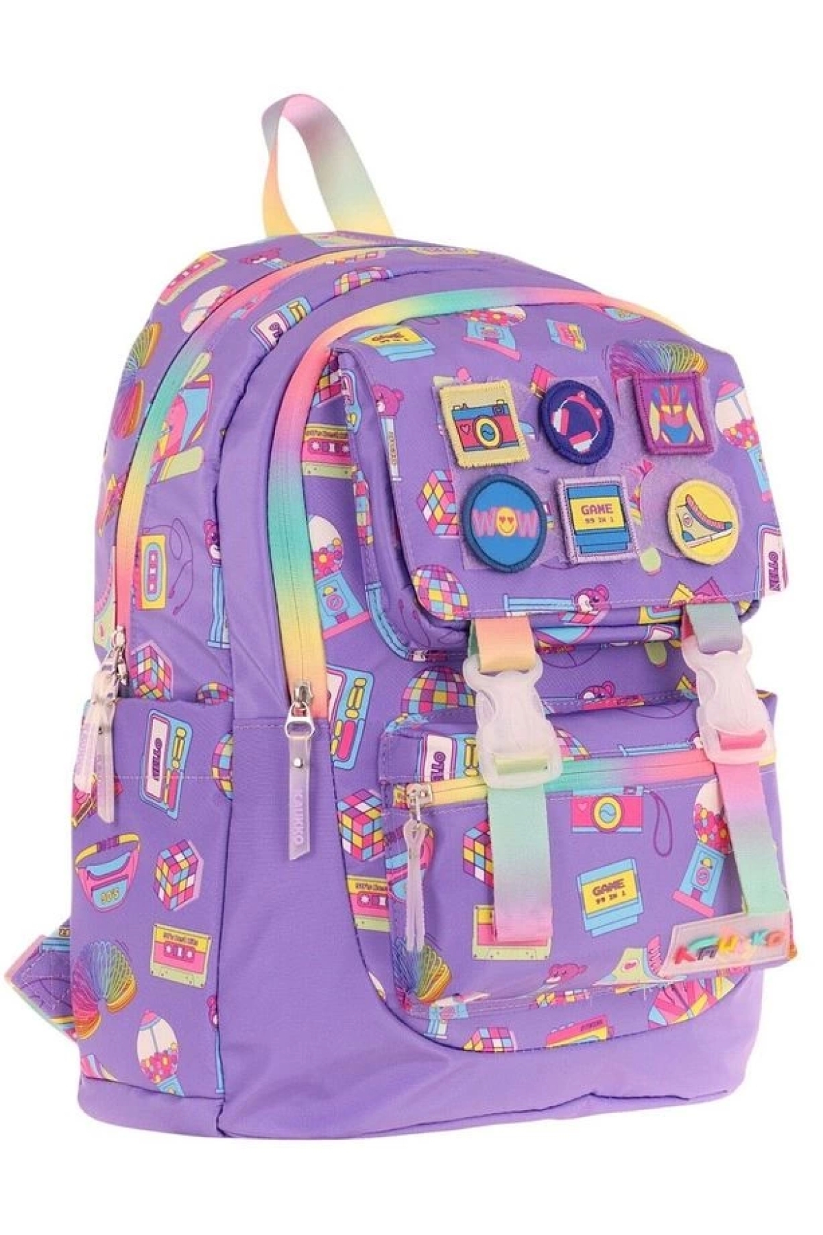 Kids Girl Hobby Patterned Primary School Backpack with Coat of Arms (Four Compartments) - Purple - L5238