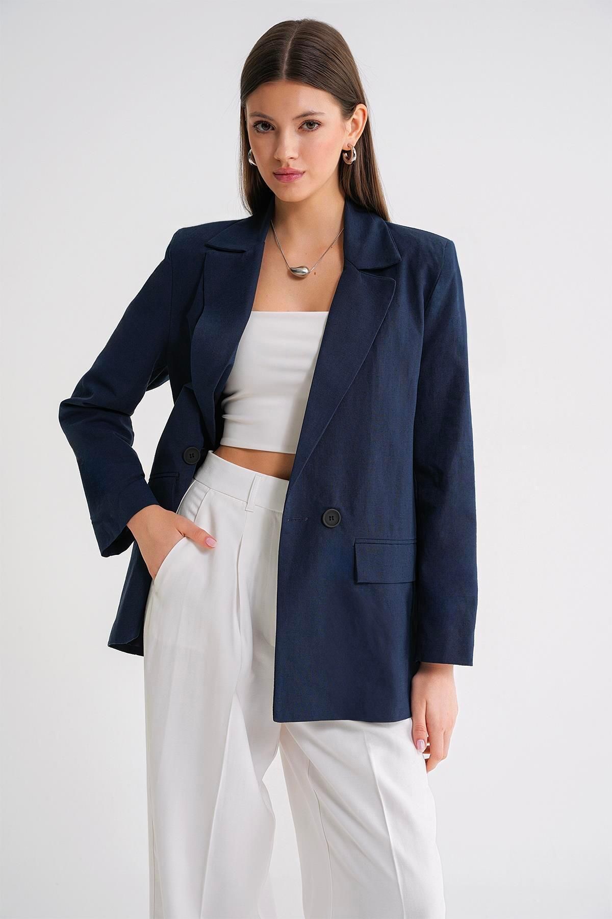 Mixray-4685 Jachetă de in pentru femei, albastru bleumarin 3