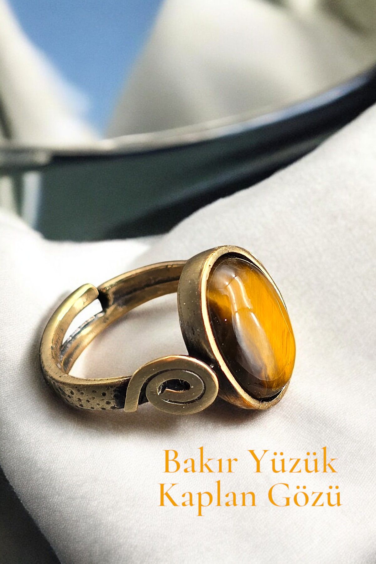NBS Beautiful Naturel Stones Bakır Saf Kaplan Gözü Kaliteli Ayarlanabilir Yüzük ( Cesaret , Nazar ) ( Hediyelik , Günlük )