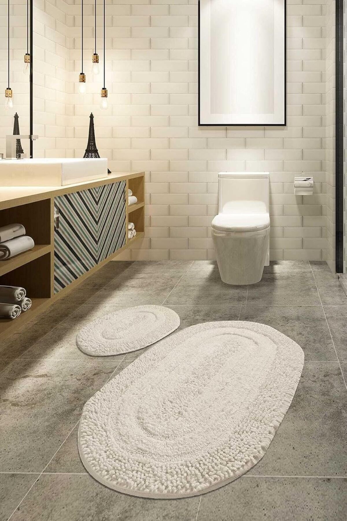 Mena Rise BlackShop Macoroni Ekru 2li Set Banyo Halısı, Paspası%100 Doğal Pamuklu Cotton 1064272
