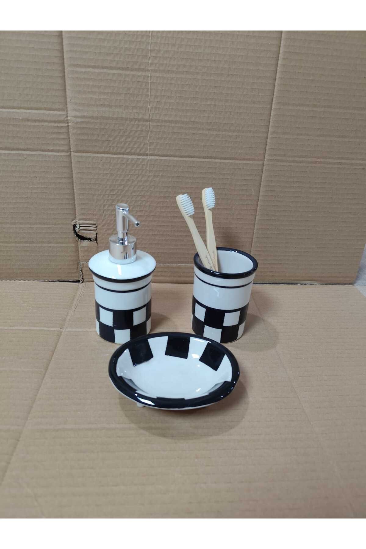 RED SERAMİK Dara Collection Dama Desen 3Lü Banyo seti