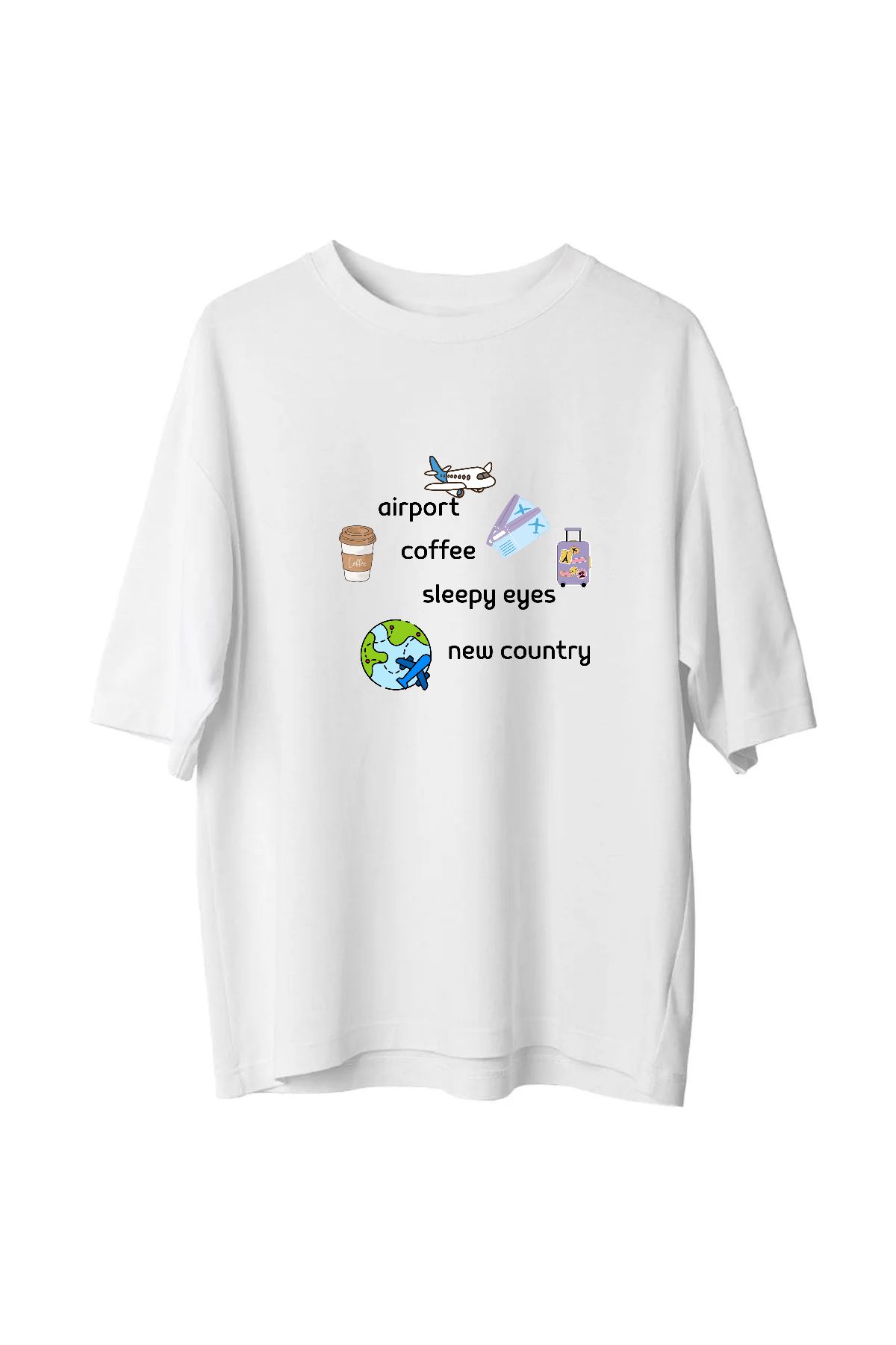 VMGA Airport Coffee New Country Yazılı Tişört – Gezgin Temalı Unisex Seyahat Tasarımı