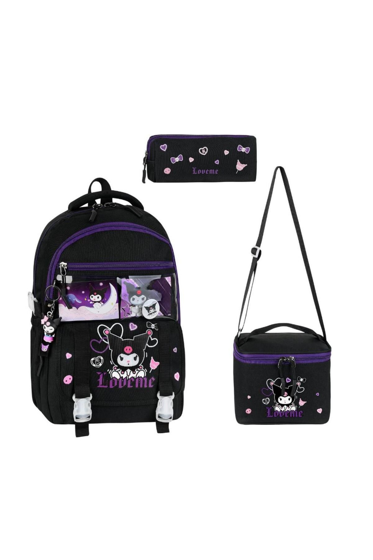 Baginn İlkokul Kız Çocuk Çantası 3'lü Set Kuromi Benzeri 42*30 Cm Beslenme Çantası Kalem Kutusu Ortopedik