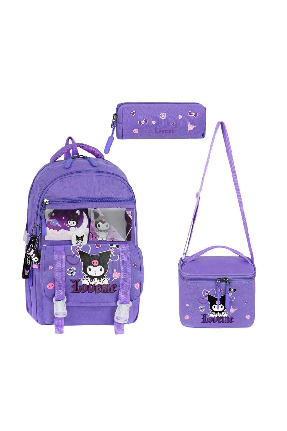 Baginn İlkokul Kız Çocuk Çantası 3'lü Set Kuromi Benzeri 42*30 Cm Beslenme Çantası Kalem Kutusu Ortopedik