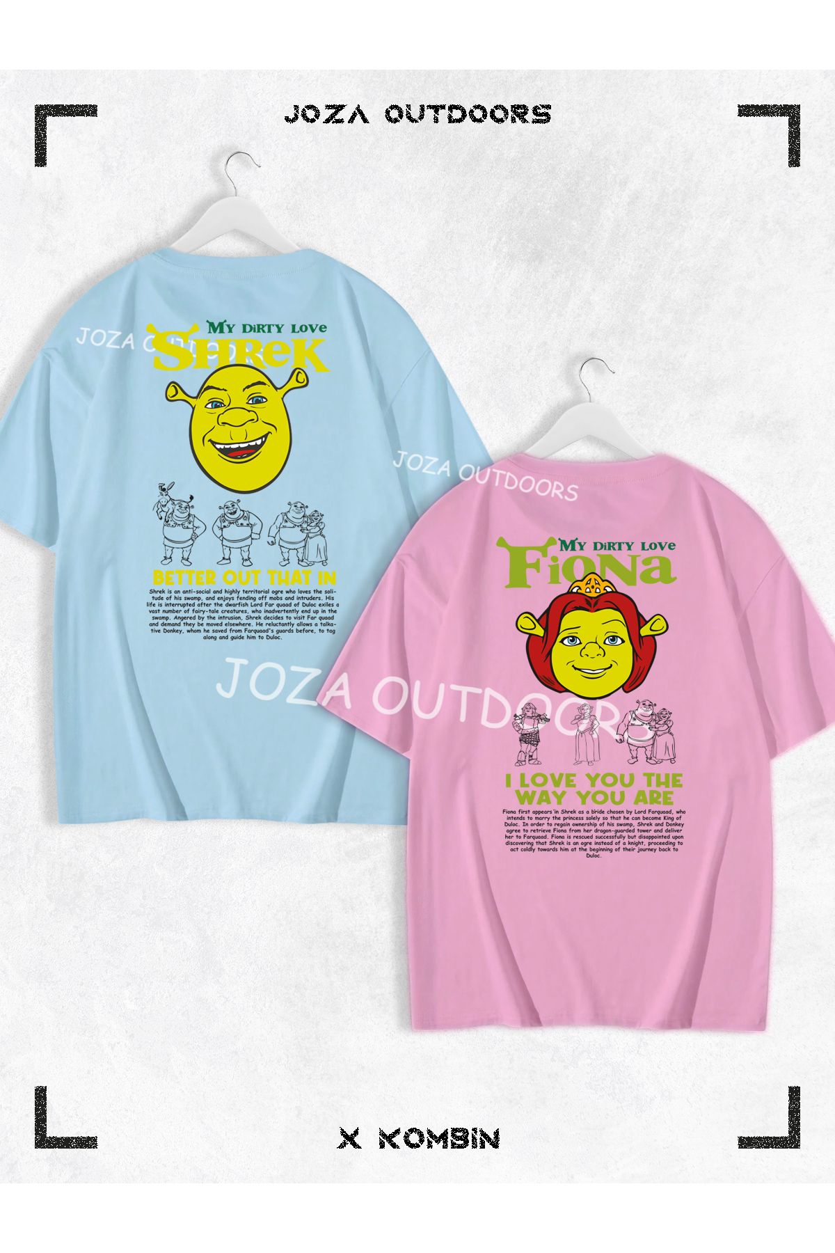 Joza Outdoors Kadın Erkek Shrek Fiona Yazılı SIRT Baskılı Sevgili Çift Kombini Oversize Tshirt 2'li Takım