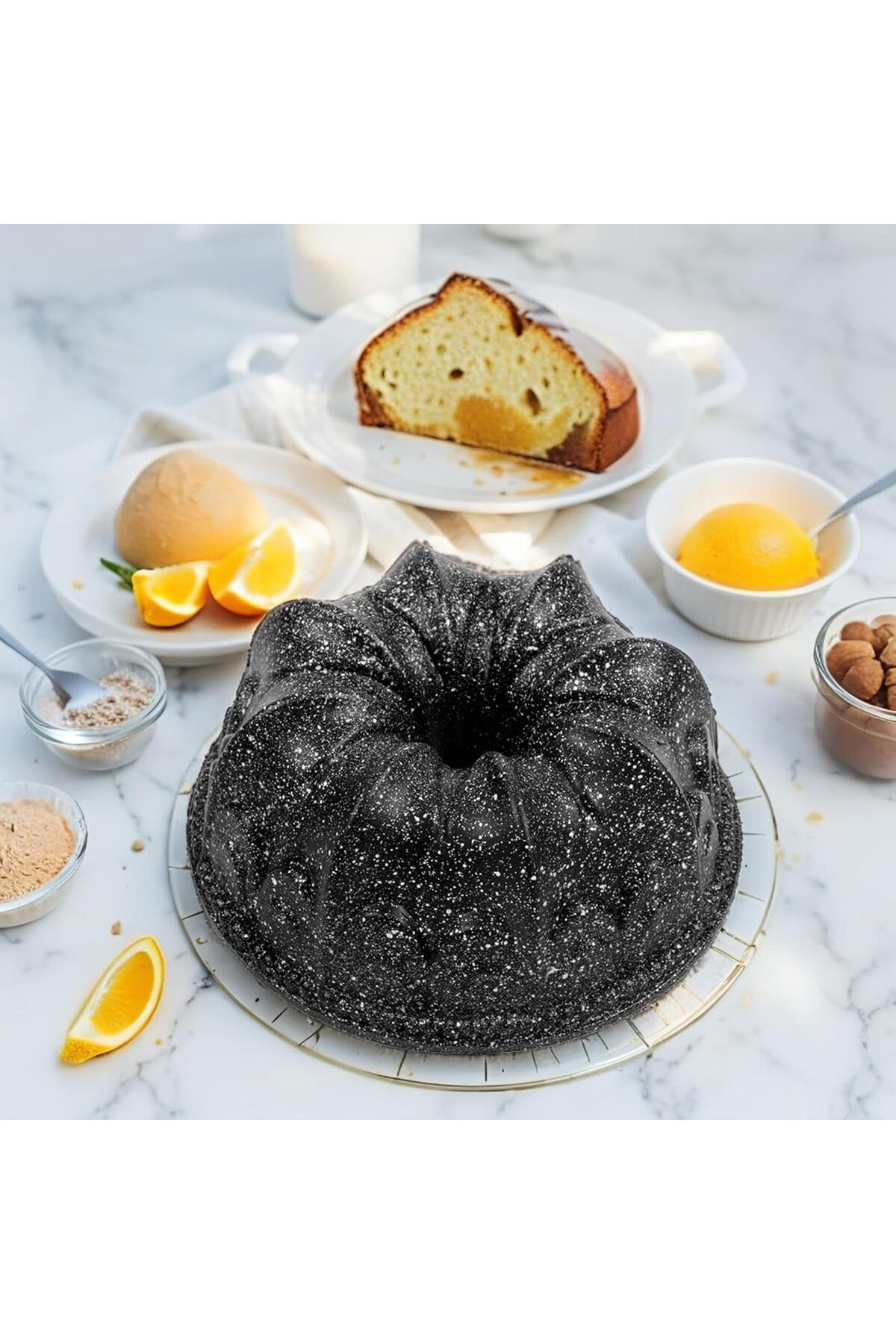Mena Rise BlackShop Thermo Döküm Gövdeli Taç Kek Kalıbı 23cm, Dilimli ve Döküm, Siyah Granit Benekli P