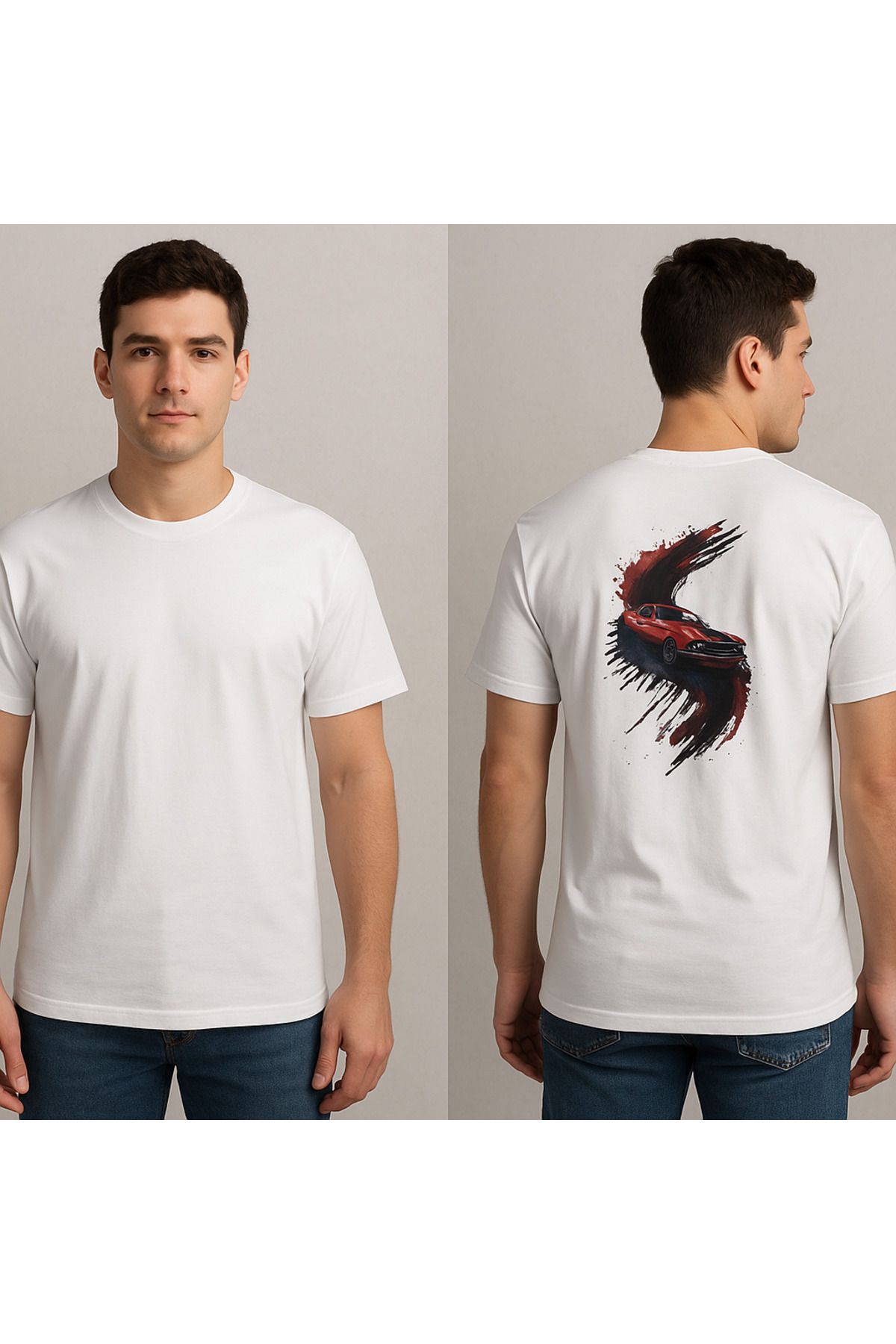 Moda Tuğram Beyaz Vintage Araba Sırt Baskılı Erkek Tshirt