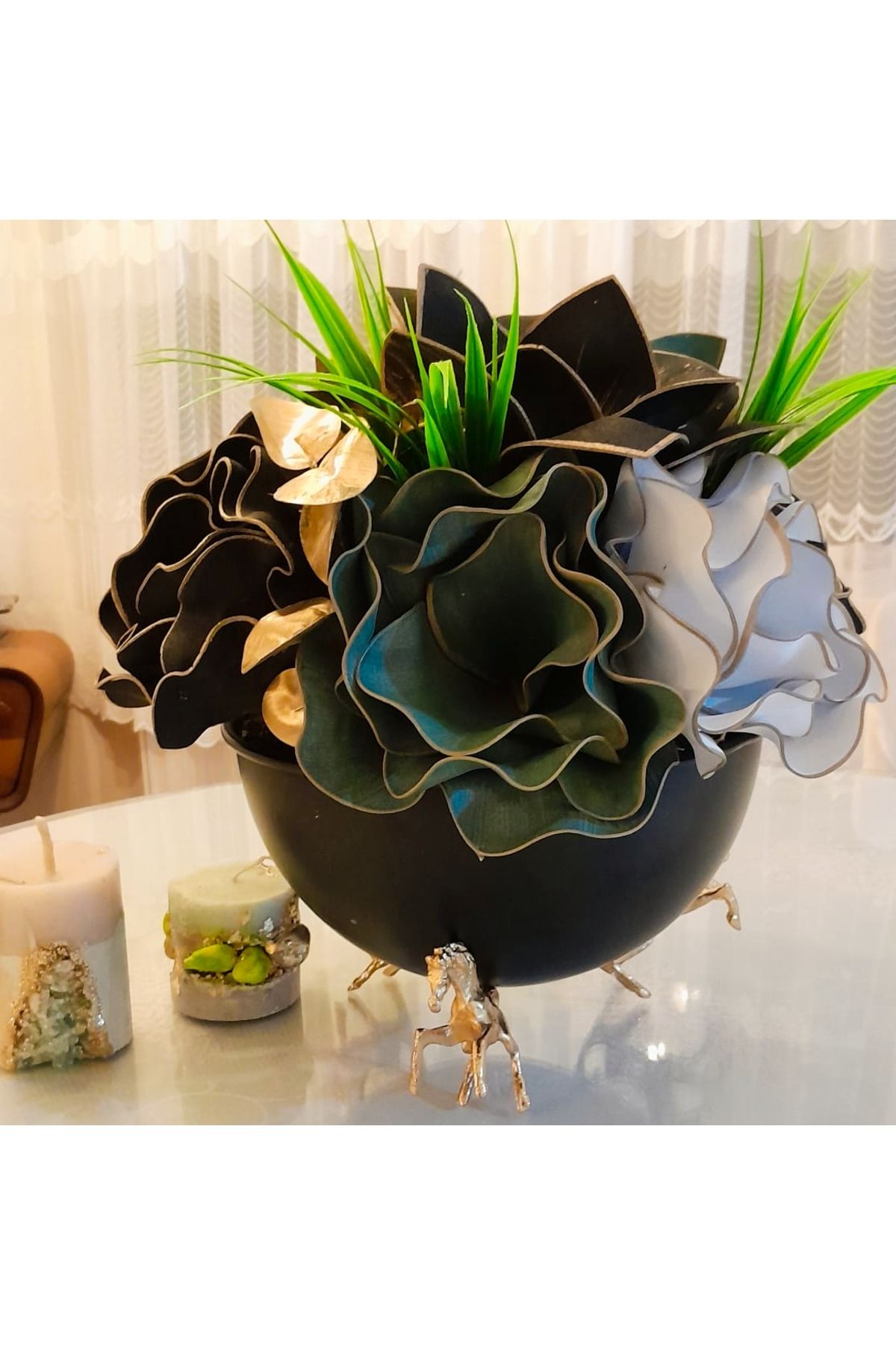 Hatem dekor flower yapay çiçek at figürlü metal vazoda lateks çiçek aranjman dekoratif hediye lik