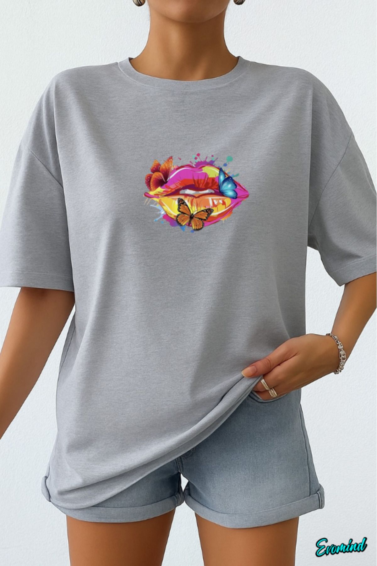 Evomind Dudak Kelebek Baskılı Unisex T-shirt