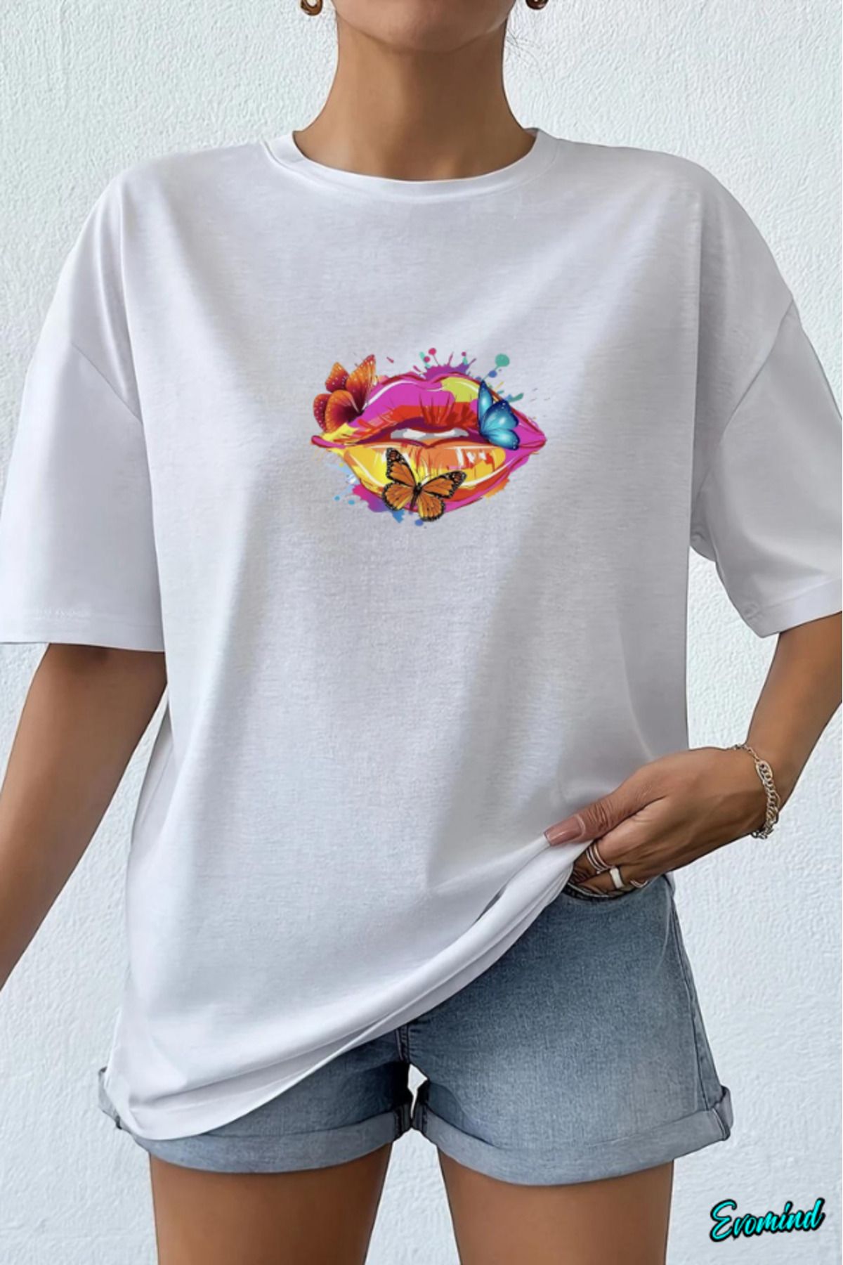 Evomind Dudak Kelebek Baskılı Unisex T-shirt