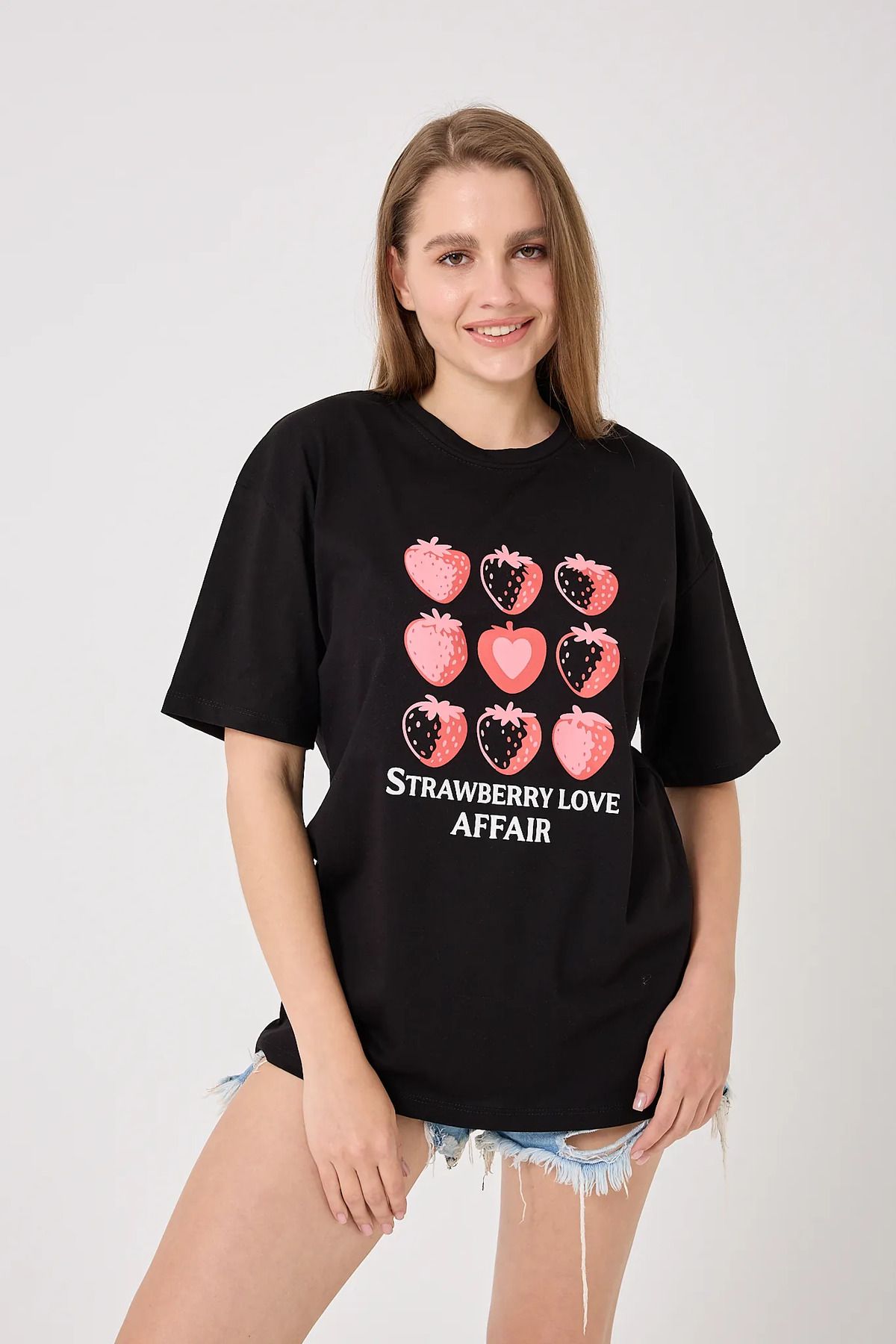 sernoy lomera SL4612 - Oversize Çilek Baskılı T-Shirt