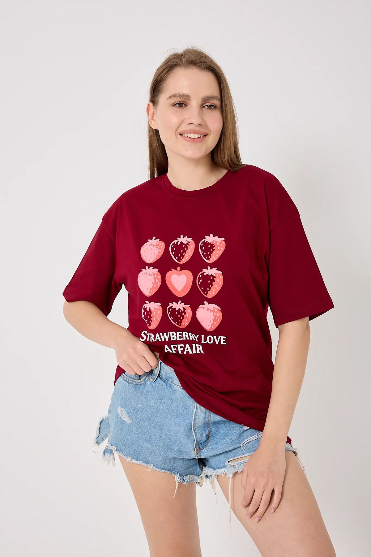 sernoy lomera SL4612 - Oversize Çilek Baskılı T-Shirt