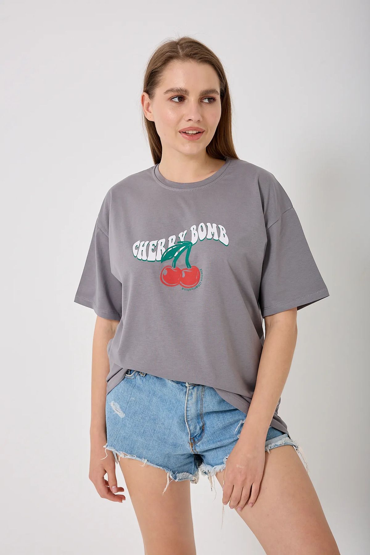 sernoy lomera SL4616 - Oversize CHERRY BOMB Yazı Baskılı T-Shirt