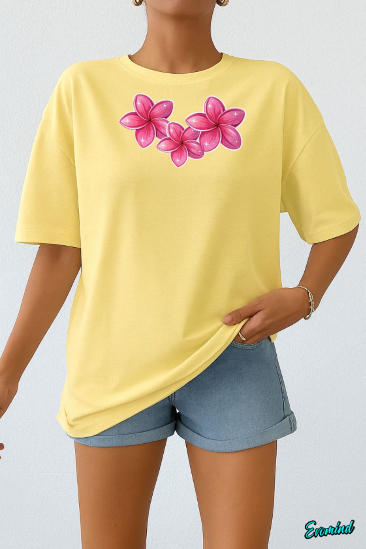 Evomind Pembe Çiçek Baskılı Unisex T-shirt